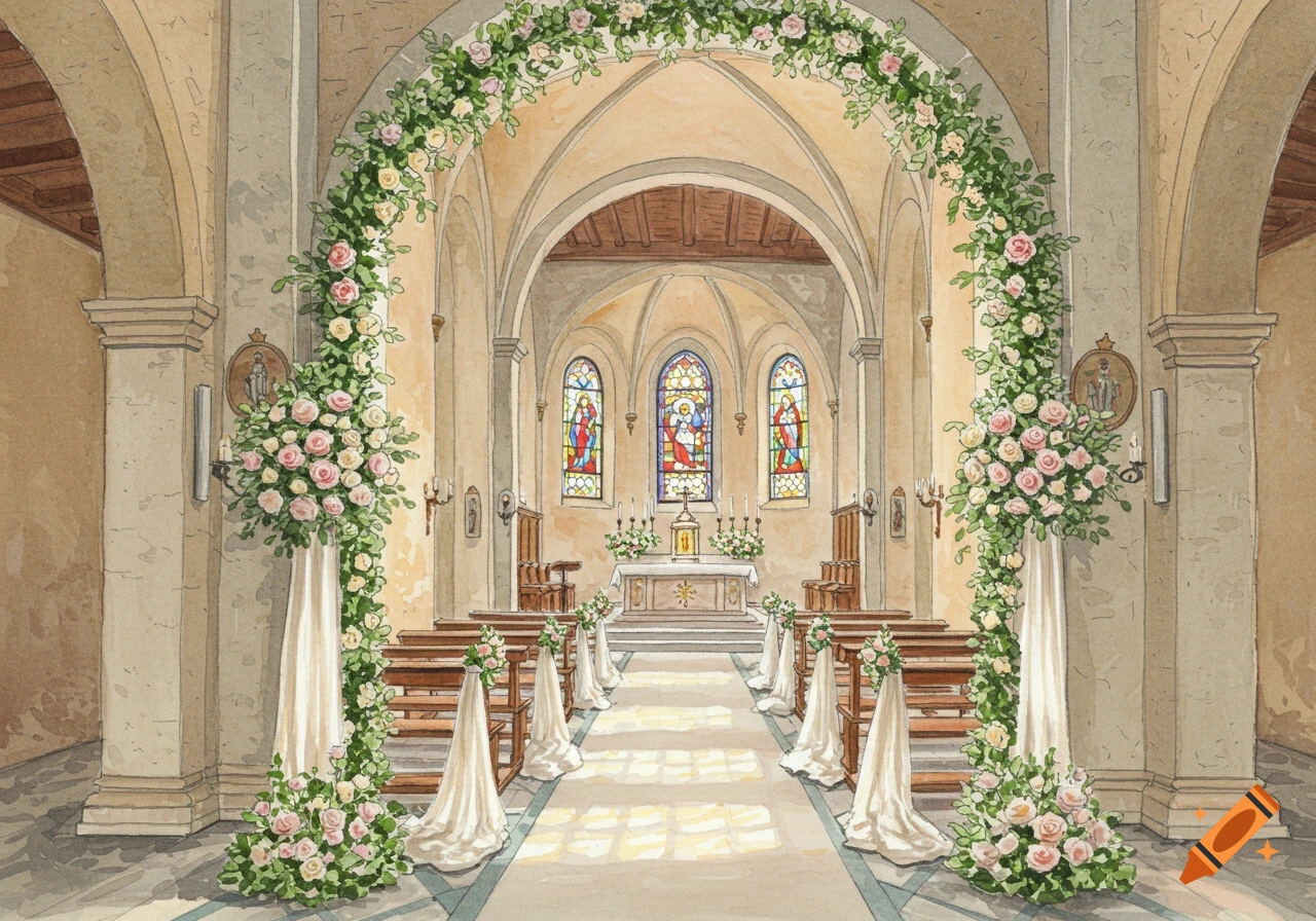 Watercolor painting of a church interior decorated for a wedding, with flowers, an arch, and stained glass windows.