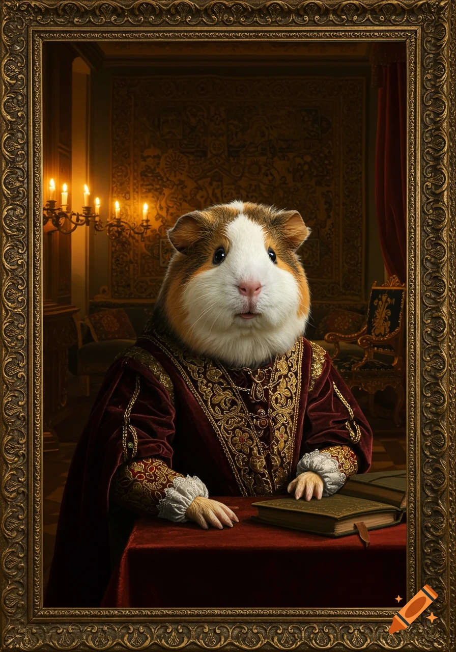 A realistic guinea pig in a red and gold renaissance gown sits at a table with books, in an ornate gilded frame.