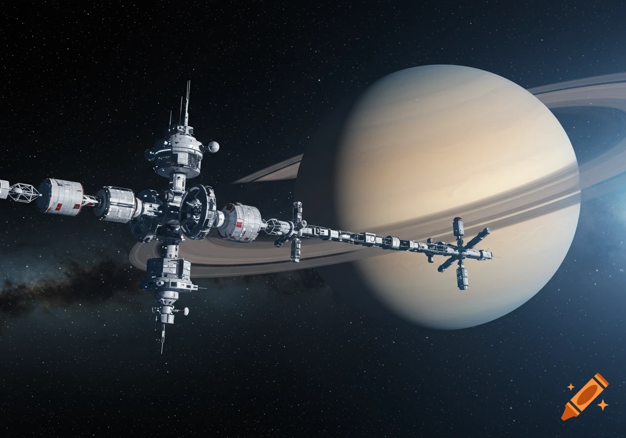 A large, detailed futuristic space station orbits a ringed planet in the vastness of space.