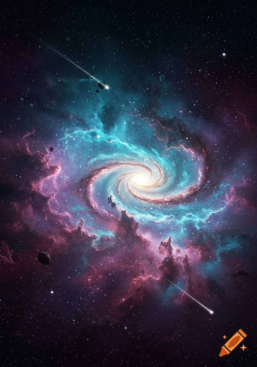 Vibrant spiral galaxy with teal and purple nebulae, stars, and asteroids in deep space.