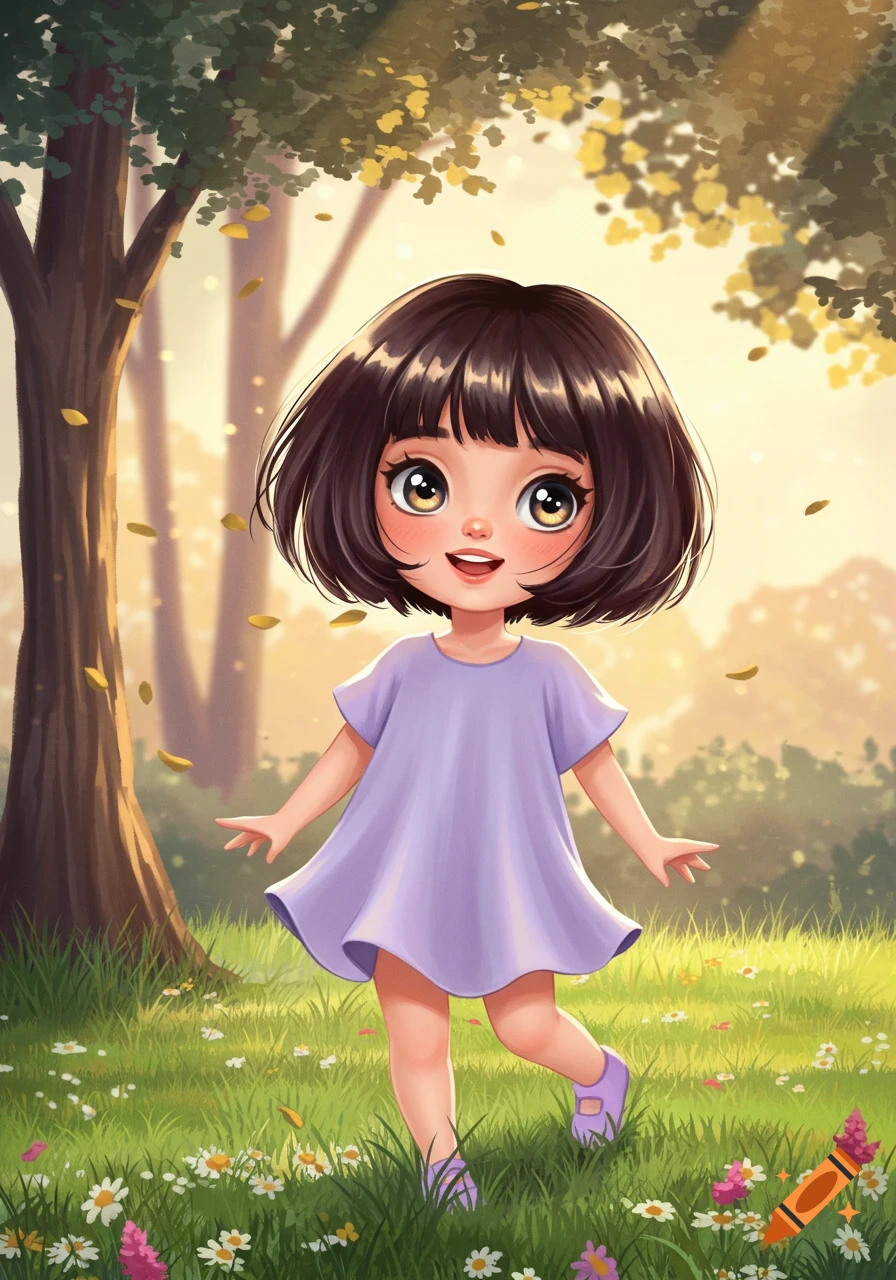 A cute cartoon girl with a bob cut smiles while standing in a sunny meadow with falling leaves and wildflowers.