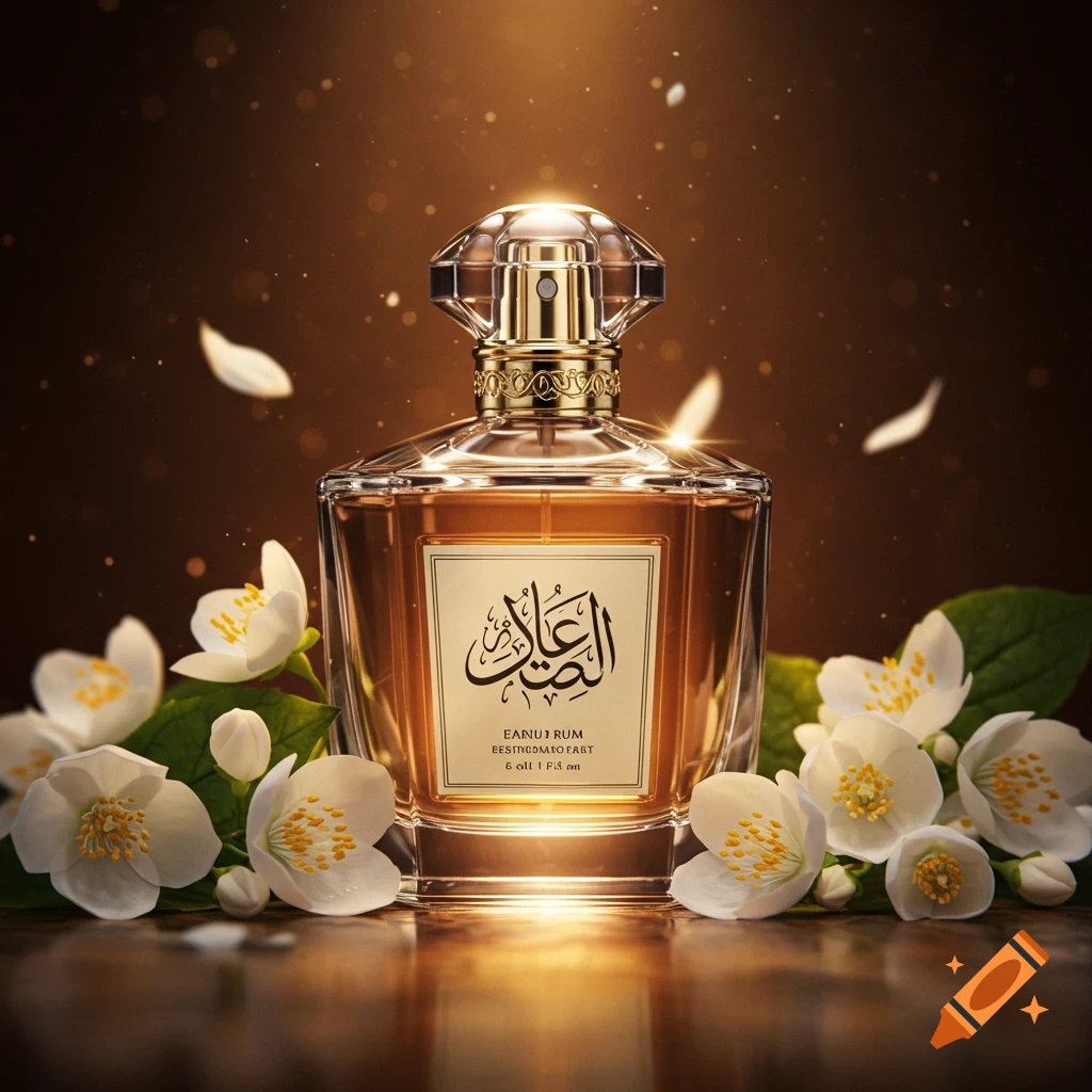 A luxurious perfume bottle with a gold cap and a label featuring Arabic calligraphy and English text, surrounded by white jasmine flowers against a soft, glowing brown background with bokeh lights.