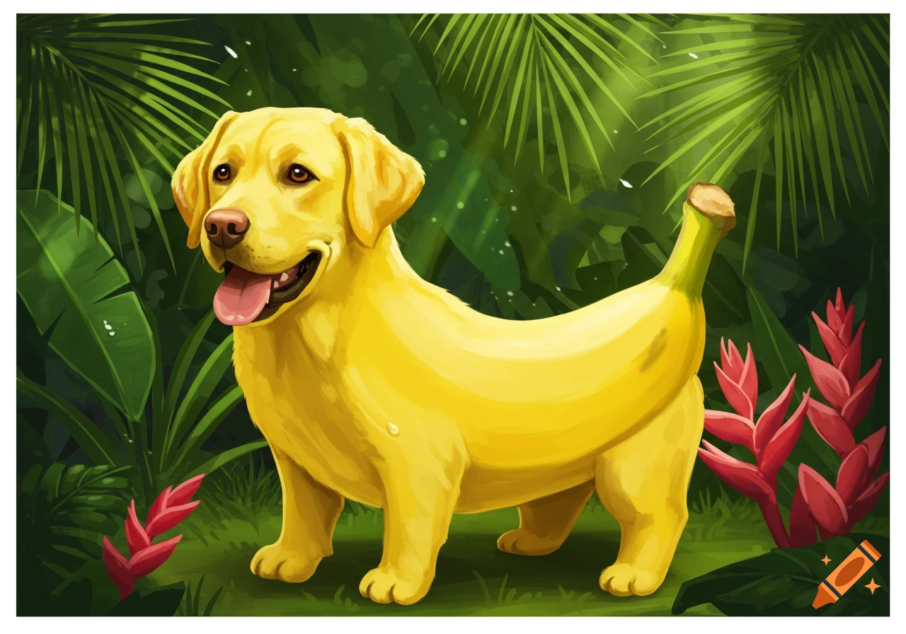 A yellow dog with a banana-shaped body and tail stands in a lush green jungle with red flowers.