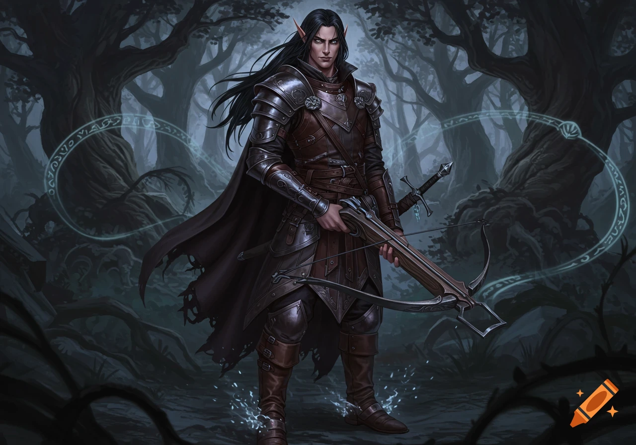 A dark-haired elf in ornate armor stands in a misty forest, holding a crossbow, with glowing magical runes floating around him.
