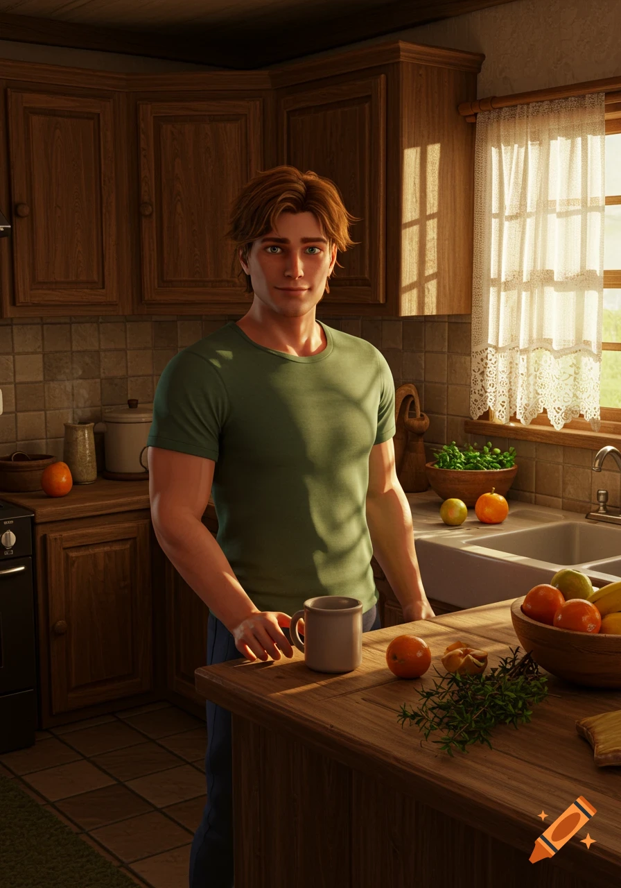 A smiling man with reddish-brown hair and a green shirt stands in a sunlit kitchen, holding a mug.