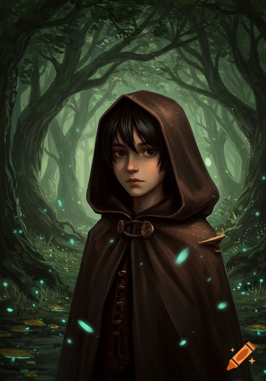 A dark-haired boy in a brown hooded cloak stands in an enchanting, glowing forest. Digital illustration.