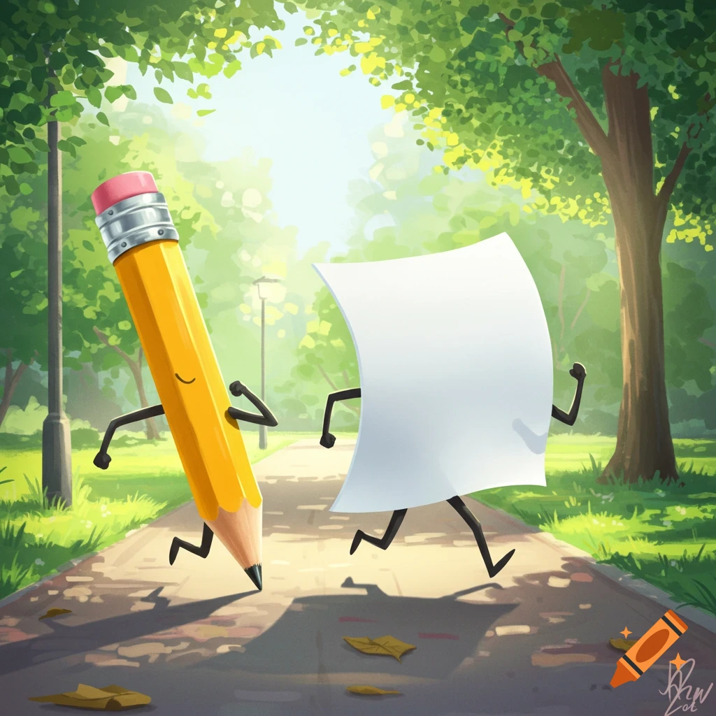 An anthropomorphic yellow pencil and a white sheet of paper with limbs are running on a sunny park path.