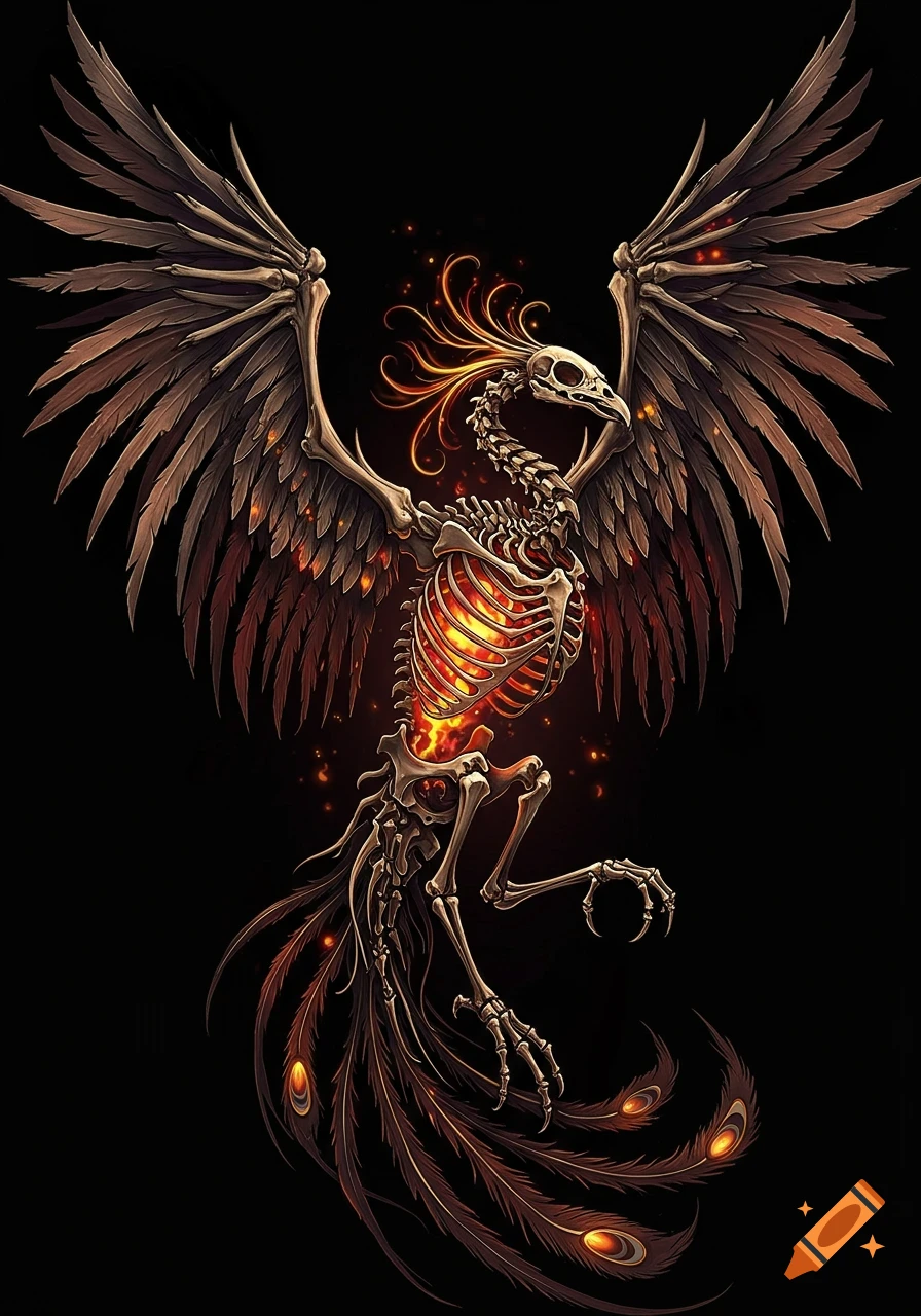 A striking illustration of a skeleton phoenix with glowing embers inside its ribcage and fiery feathers, set against a dark background.