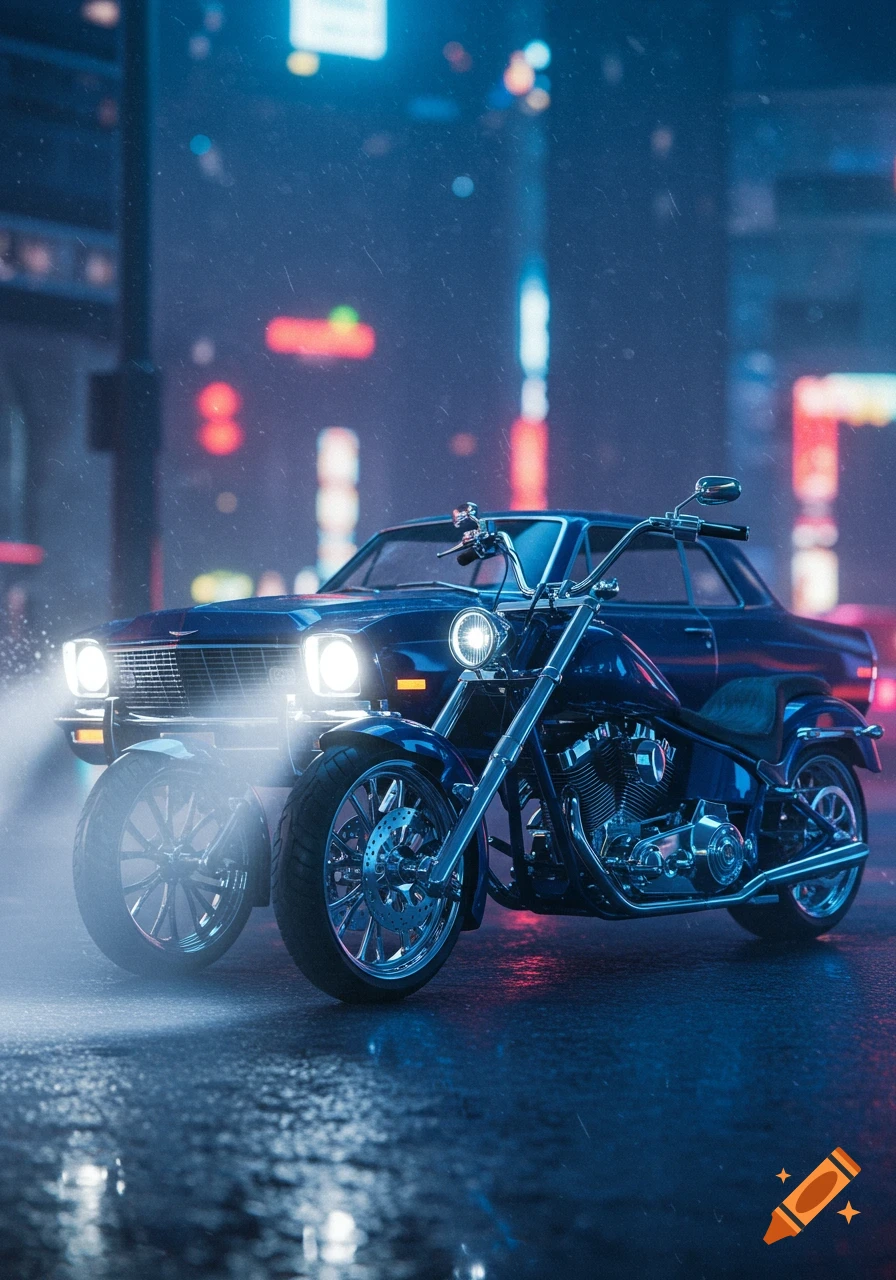 A photorealistic image of a dark blue motorcycle in front of a classic car, on a wet city street at night with neon lights.