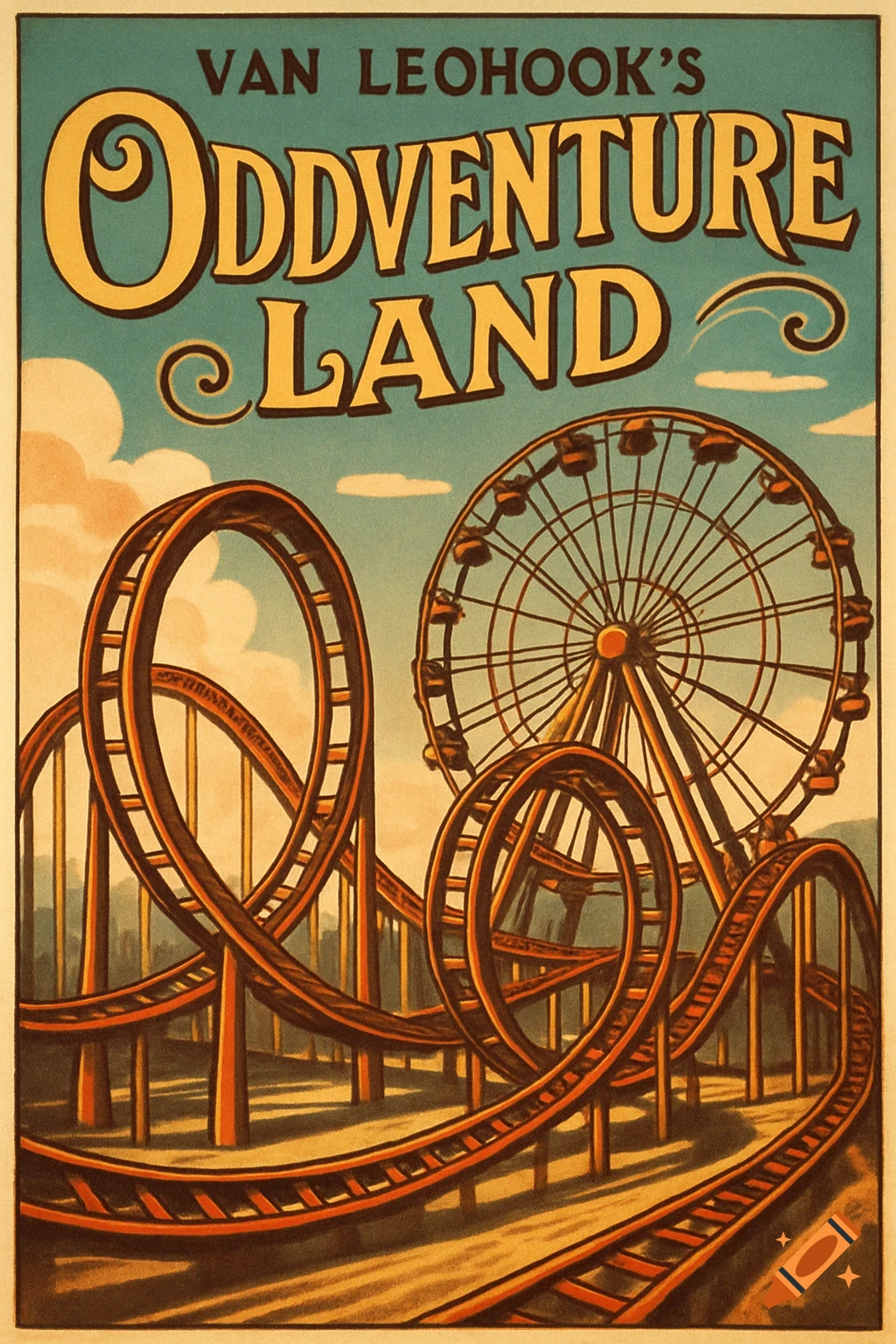 A 1930s vintage poster for 'Van Leohook's Oddventure Land' featuring roller coasters and a Ferris wheel.