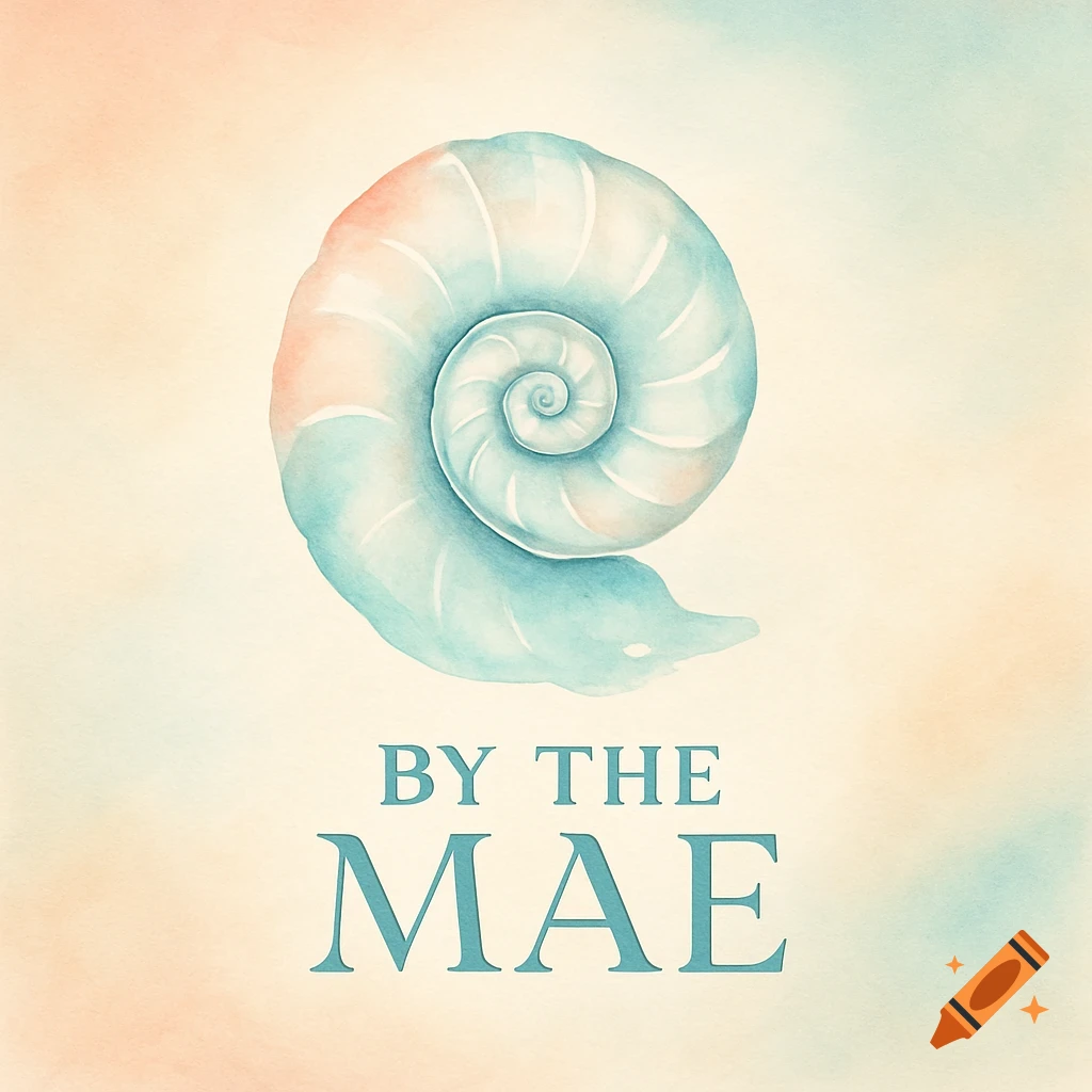 A watercolor illustration of a spiraling seashell with text 'BY THE MAE' below it on a pastel background.
