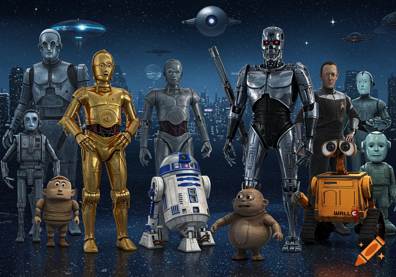 A photorealistic group of famous movie and TV robots including C-3PO, R2-D2, T-800, WALL-E, and Data standing in a futuristic city at night.