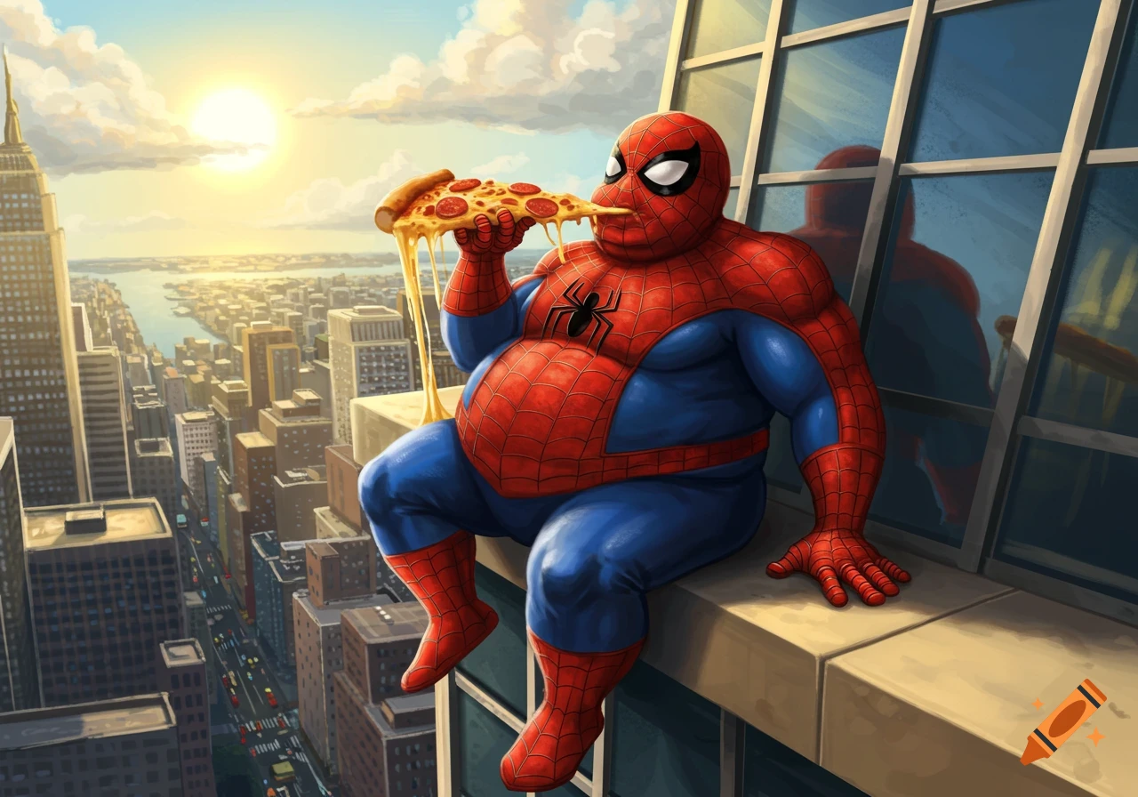 A fat Spiderman sits on a skyscraper ledge, eating a cheesy slice of pizza with a city and sunset in the background.