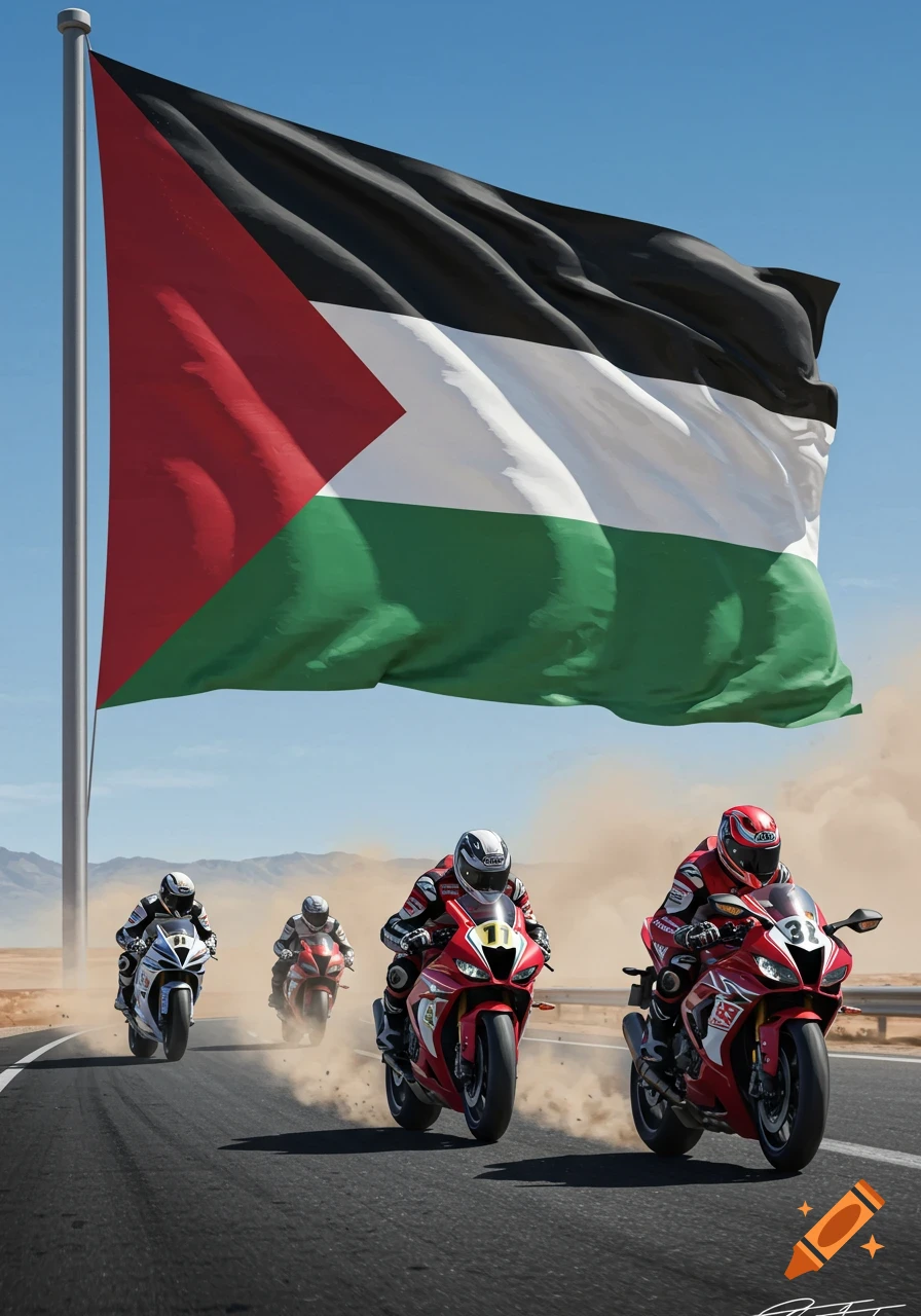 Photorealistic image of three motorcycles racing on a desert road under a large Palestinian flag, kicking up dust.