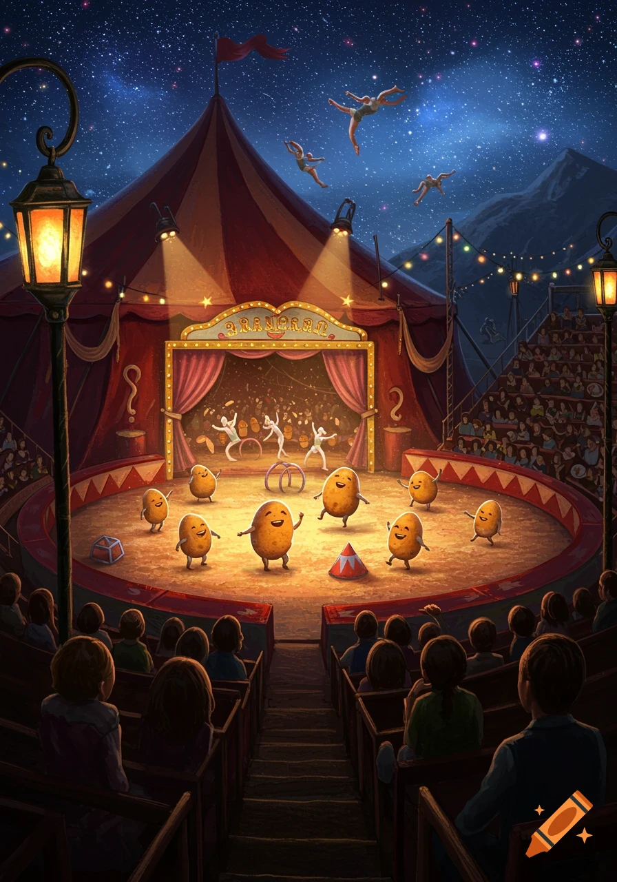 Happy potatoes perform on a circus stage inside a big top tent under a starry night sky, watched by an audience.