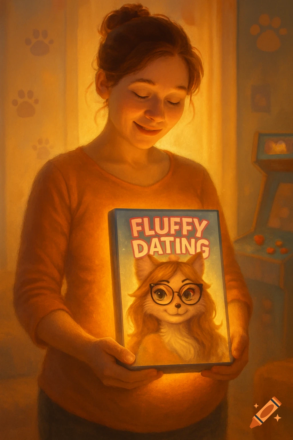 Smiling pregnant woman holding a glowing video game box titled 'Fluffy Dating' featuring a fox furry with glasses, in a warm, digital art style.