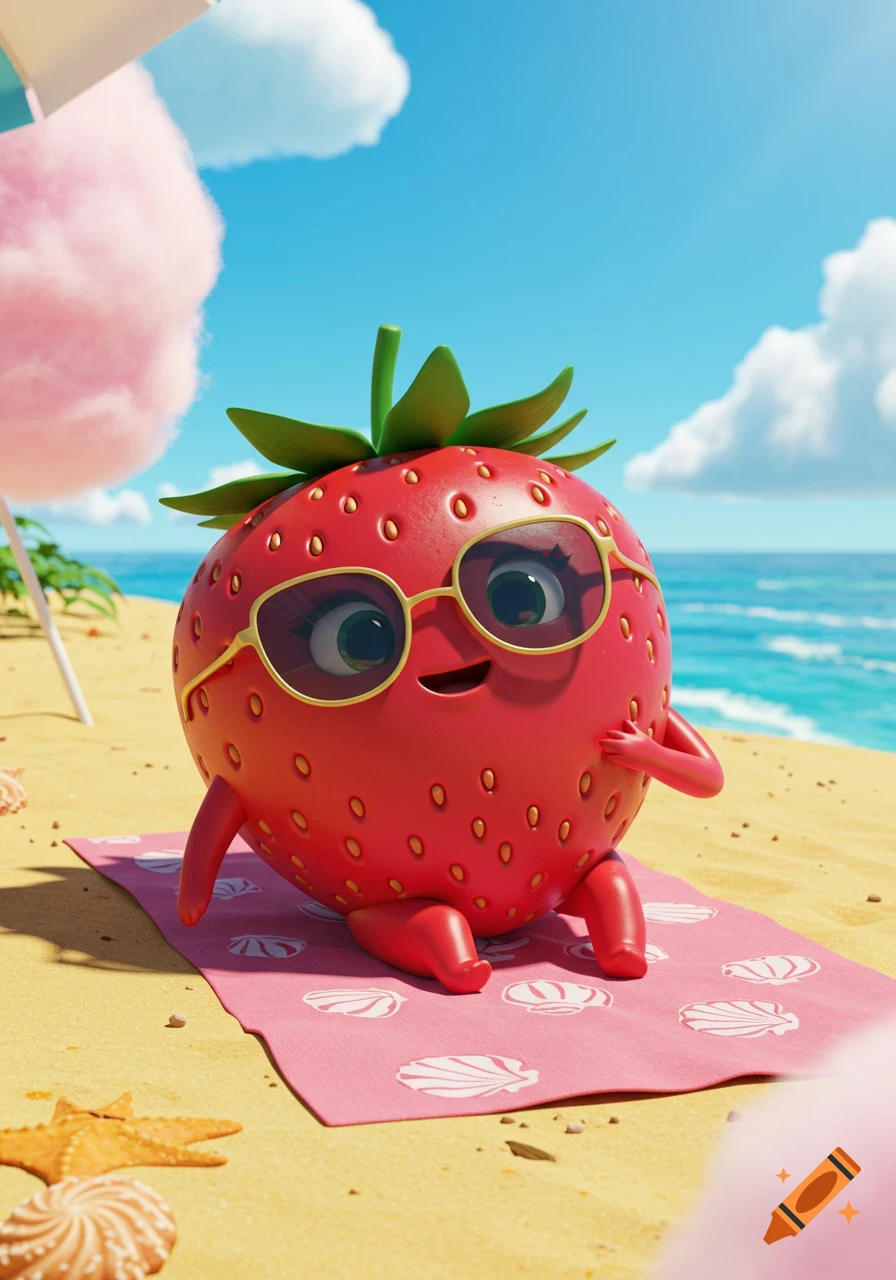 A cute cartoon strawberry wearing sunglasses lounges on a pink towel on a sunny beach with the ocean and blue sky.