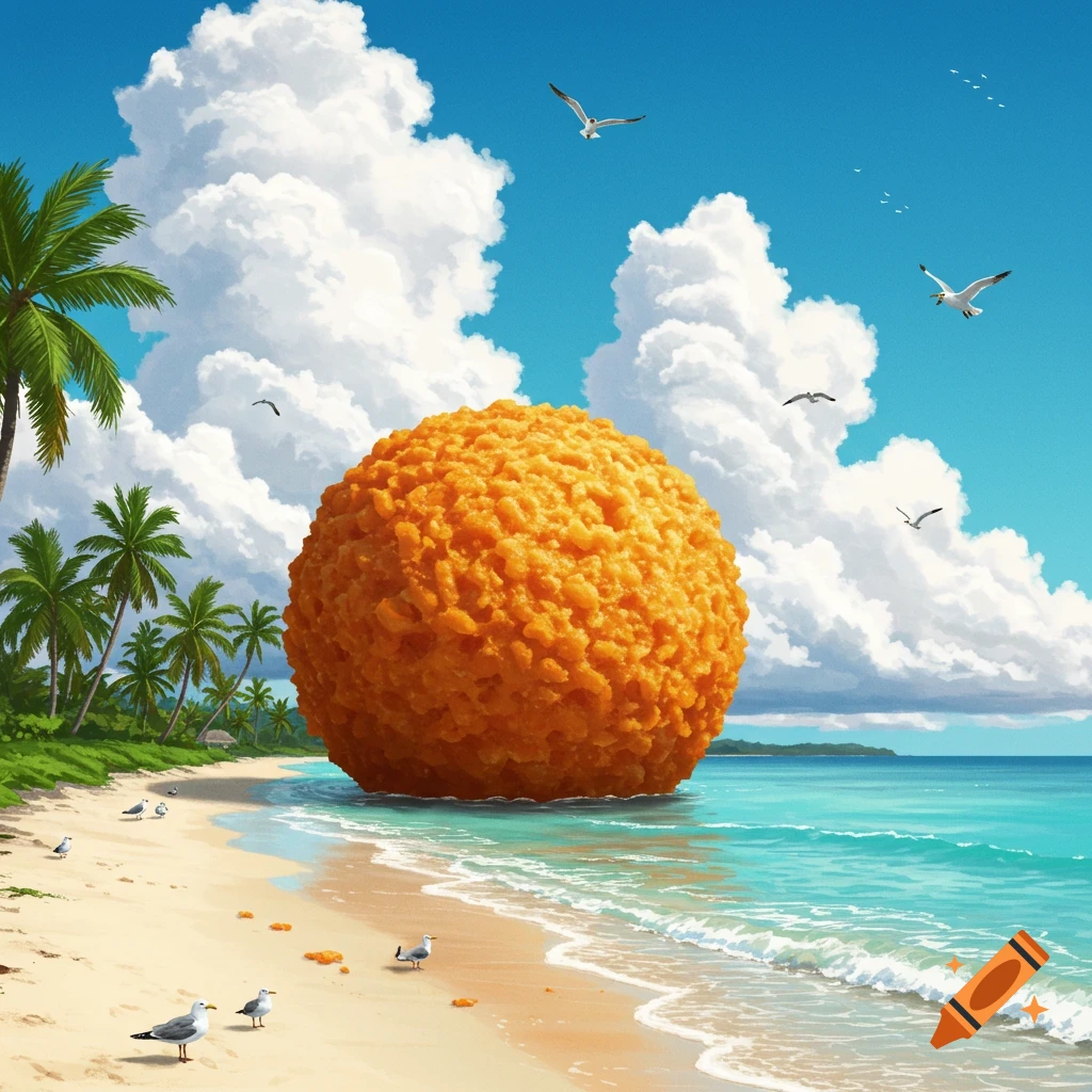 A gigantic, photorealistic Cheeto ball rests on a tropical beach with palm trees, blue skies, and seagulls.