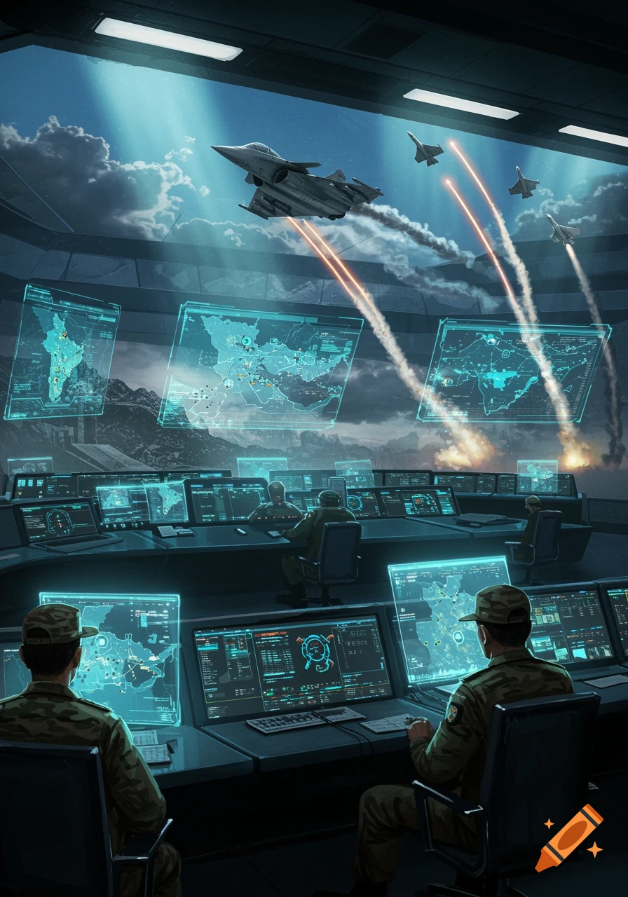Military personnel in a futuristic control room monitor holographic maps as fighter jets launch missiles outside.