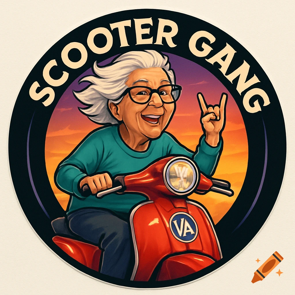 A cartoon sticker features a cheerful elderly woman with white hair and glasses riding a red scooter, making a "rock on" sign. "SCOOTER GANG" is written above her.