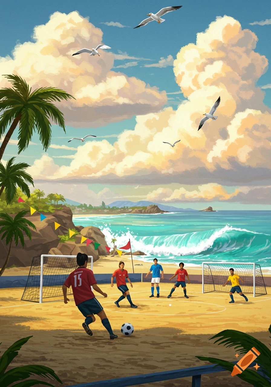 Illustrated scene of people playing soccer on a sandy beach with large waves, palm trees, and seagulls flying under a cloudy sky.