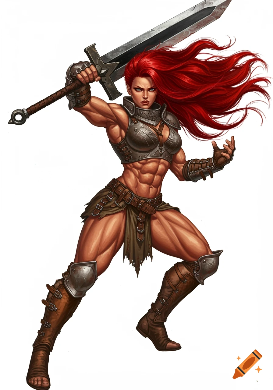 A powerful, muscular female warrior with vibrant red hair in practical fantasy armor, holding a large two-handed sword. Digital art.