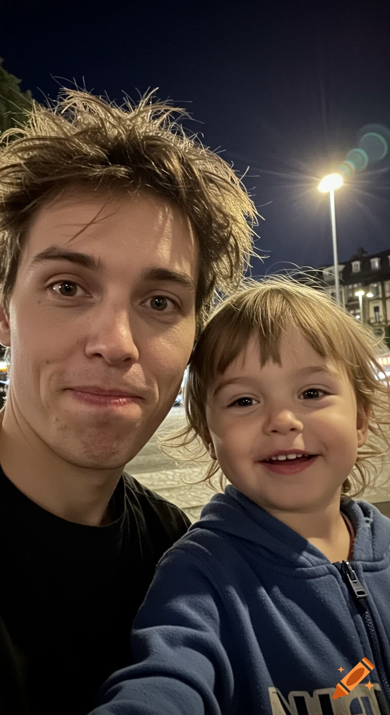 A man and a smiling toddler take a blurry selfie outdoors at night, lit by a streetlight.