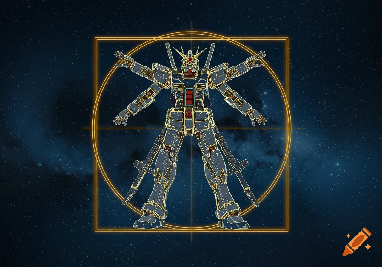 A detailed illustration of a Gundam robot in the pose of Vitruvian Man with golden outlines against a deep space background.