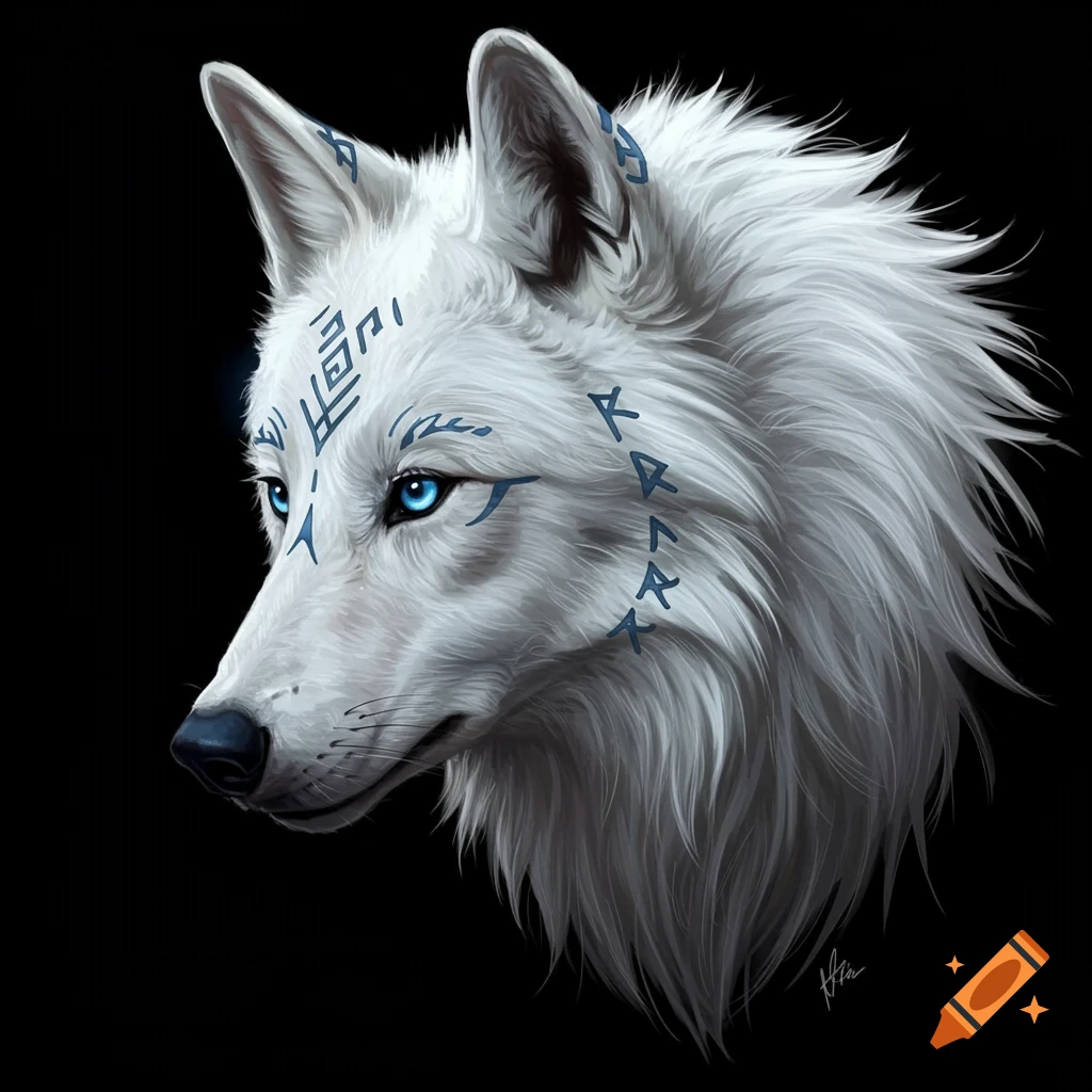 A close-up of a white wolf with piercing blue eyes and blue tribal/rune markings on its face and fur, against a black background. The wolf's head is turned to the left.