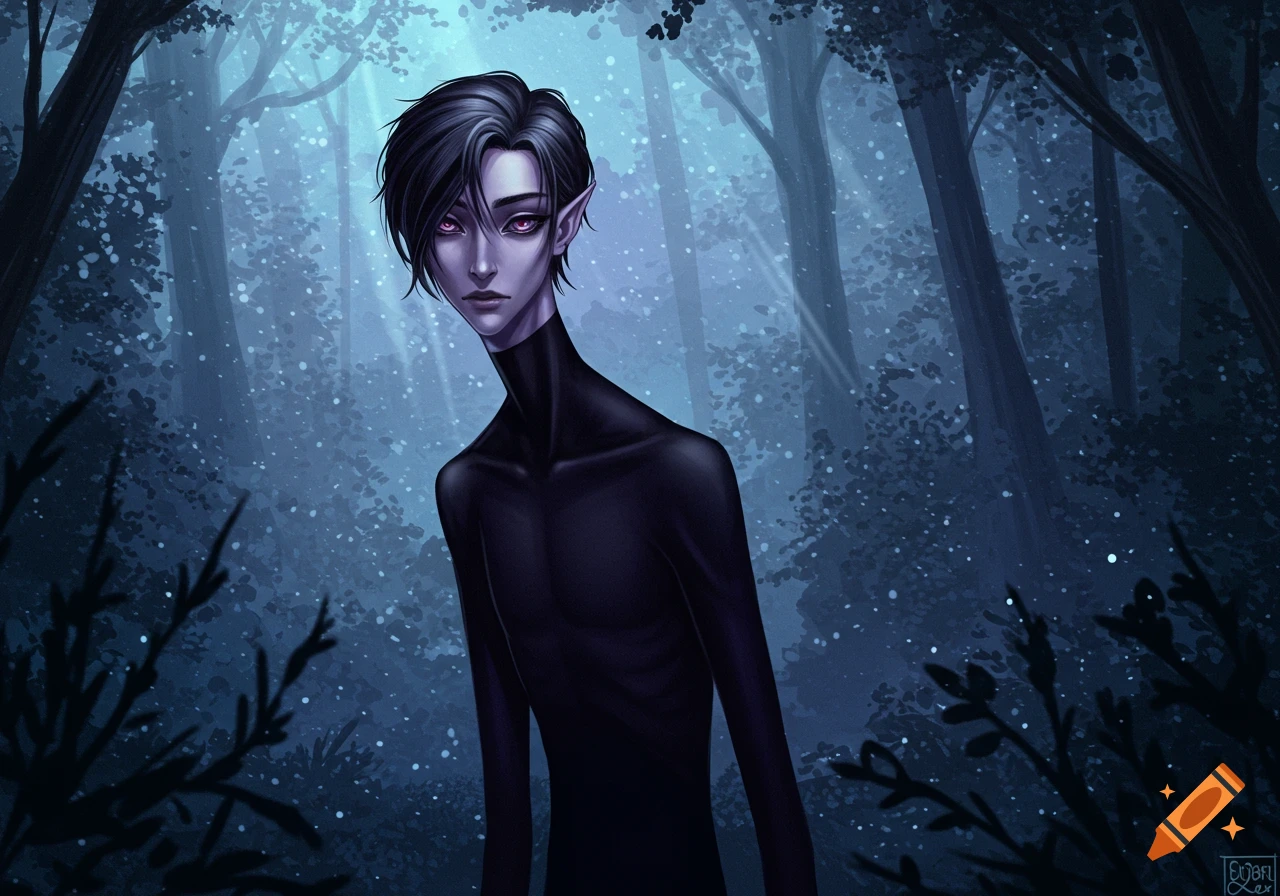 A pale-skinned, dark-haired character with pointy ears and purple eyes stands in a dark, misty forest with light rays filtering through the trees.