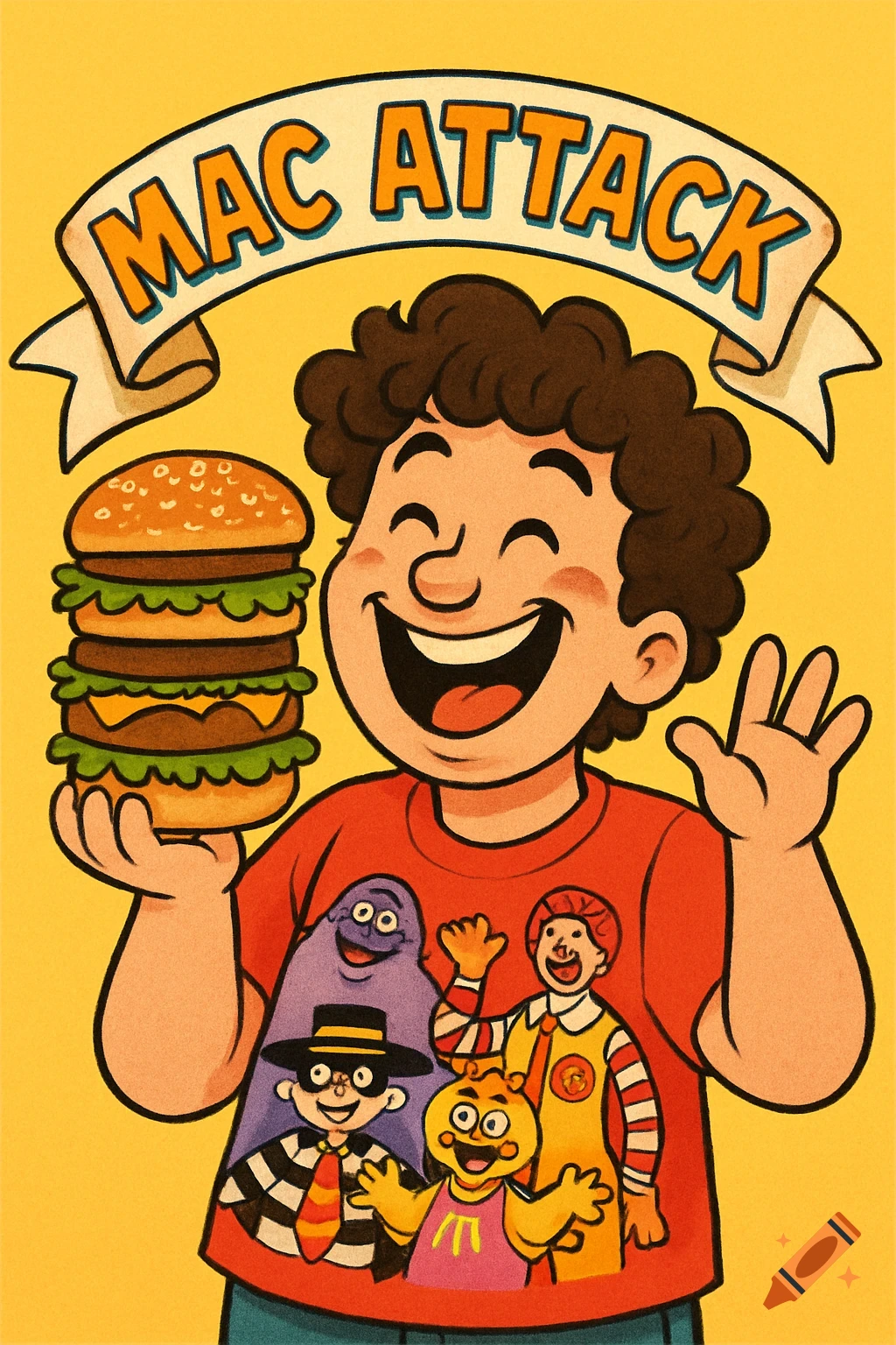 Cartoon drawing of a smiling boy holding a large burger, wearing a red shirt with McDonald's characters, under a 'Mac Attack' banner.