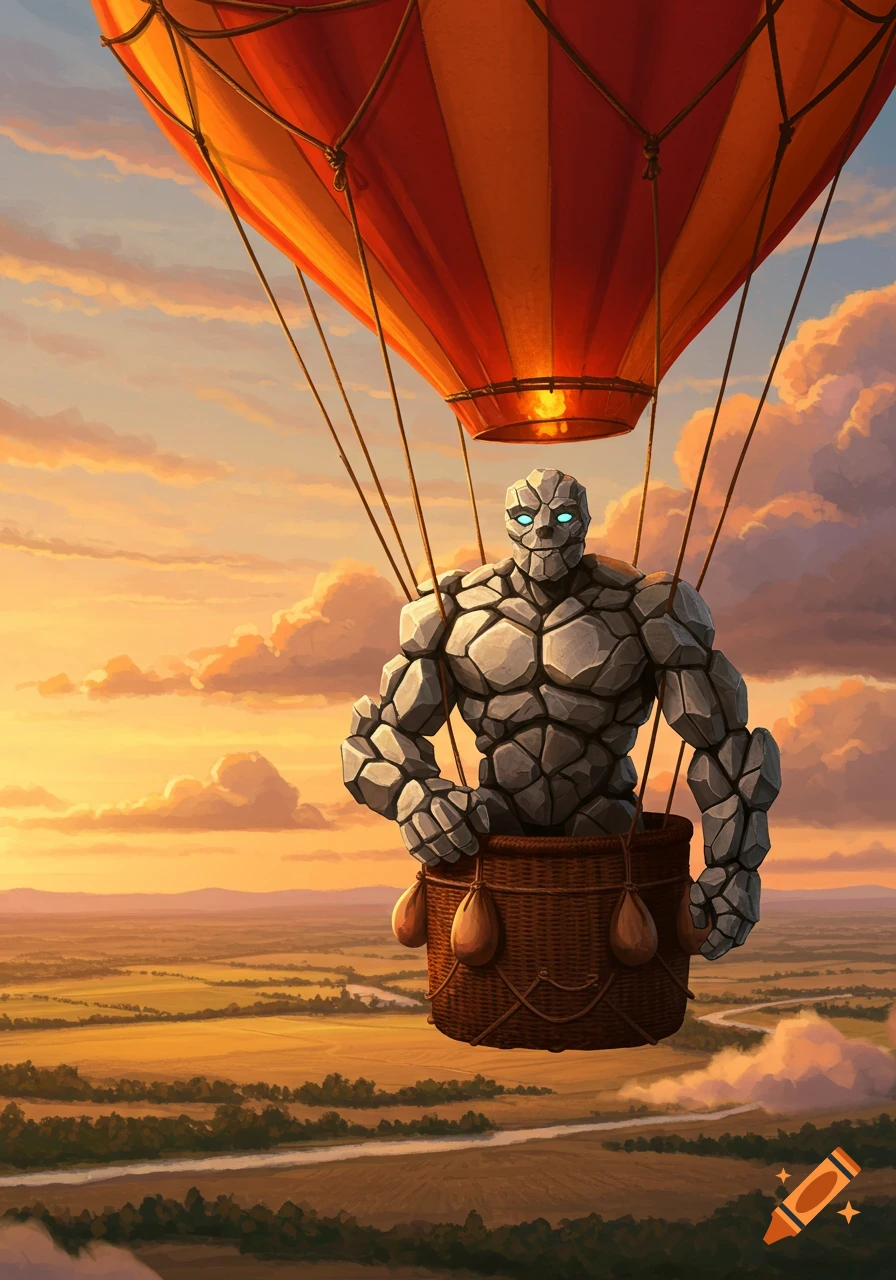 A stone golem in a hot air balloon floats above a vast golden landscape at sunset.