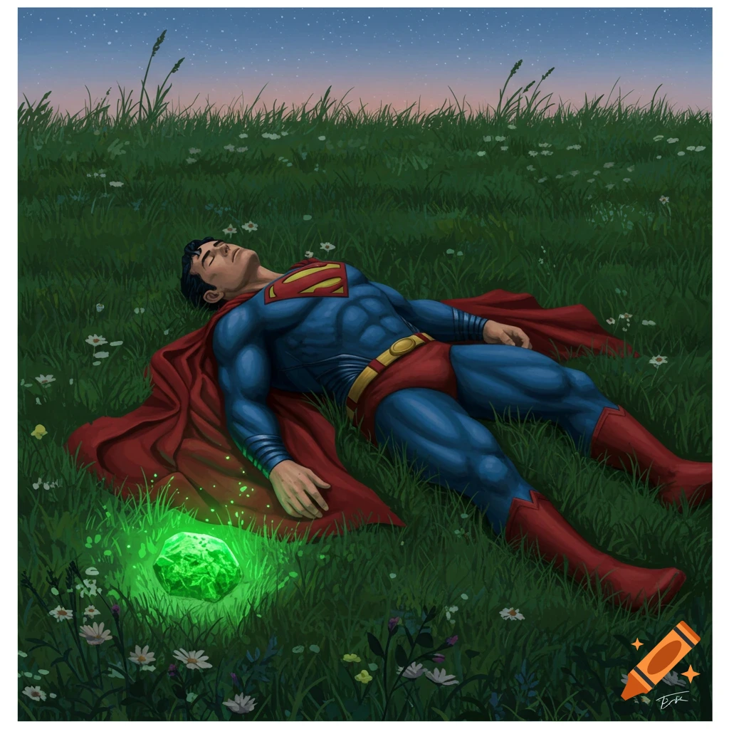 Superman lies unconscious in a grassy field with white flowers under a starry twilight sky, a glowing green chunk of kryptonite beside him, in a comic art style.