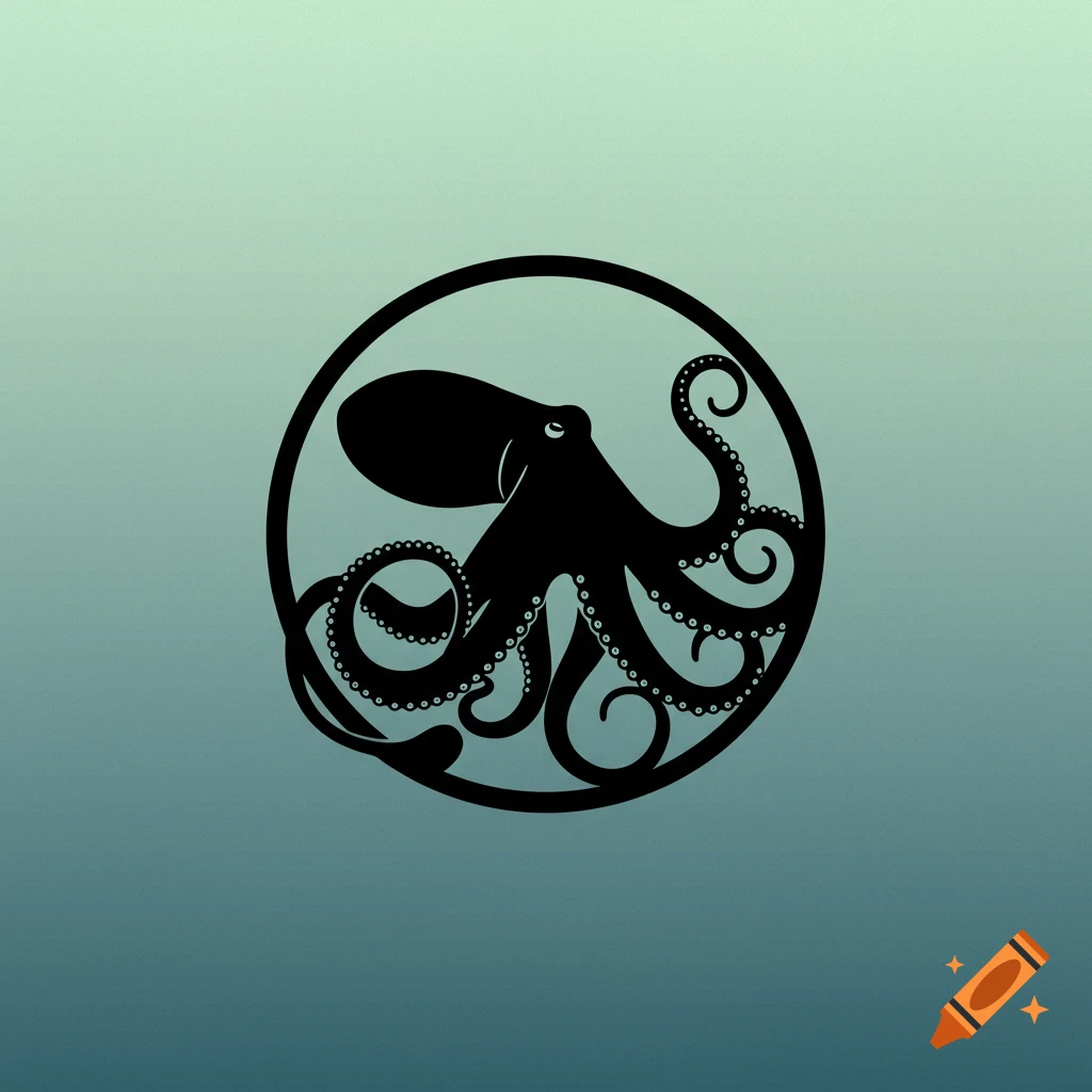A black octopus silhouette within a circle on a blue-green gradient background.