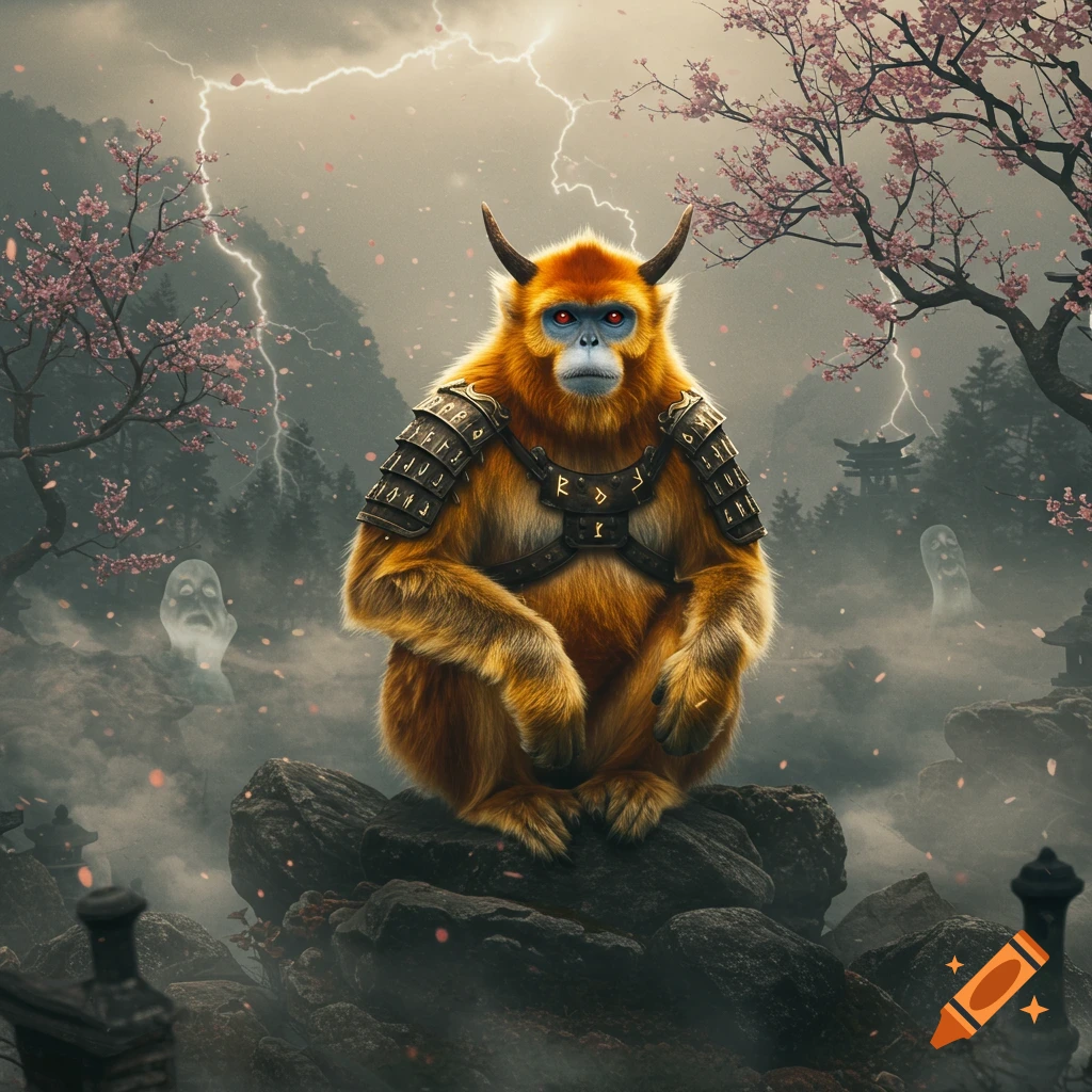 A horned golden snub-nosed monkey in ornate armor sits on rocks amid cherry blossoms and lightning.