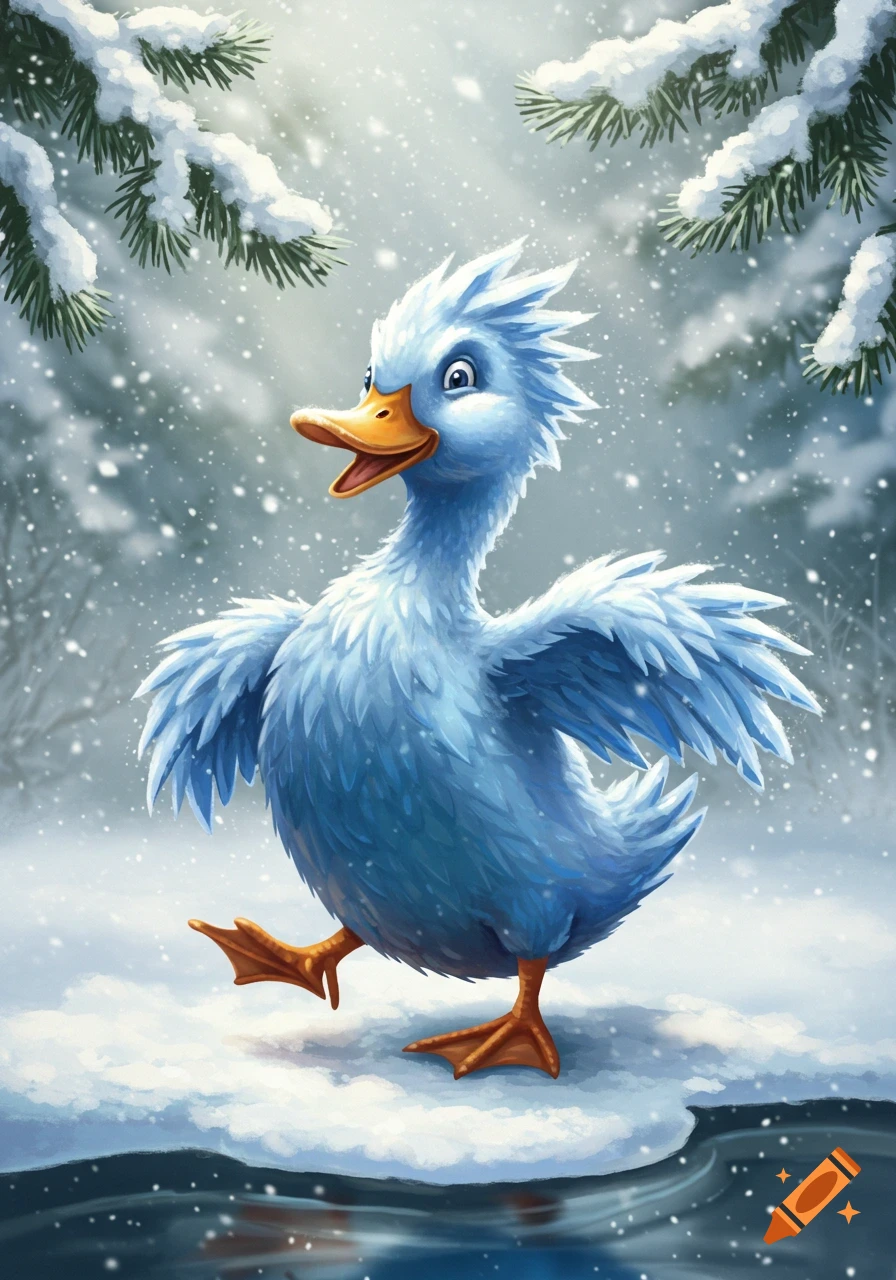 A cheerful blue cartoon duck with spiky feathers walks happily in a snowy landscape with pine branches overhead.