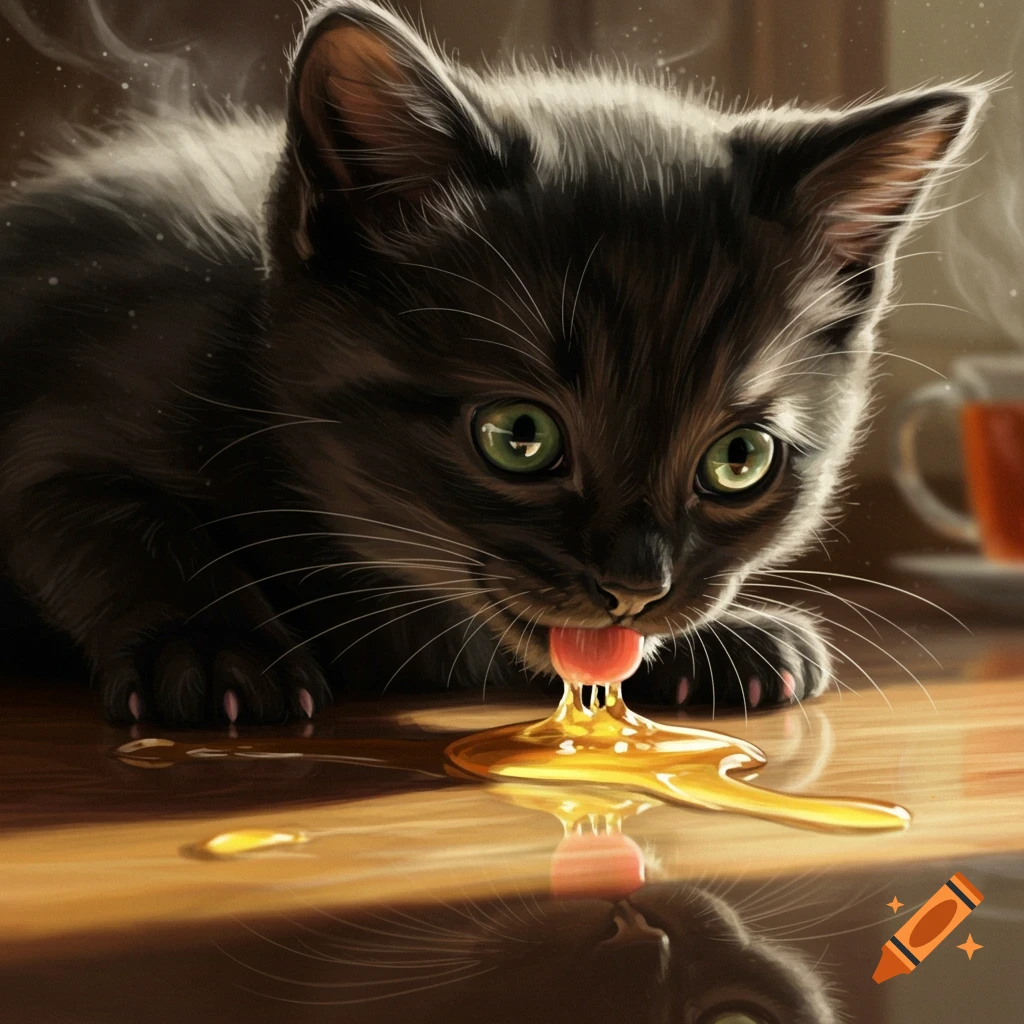 A cute black kitten with green eyes licks a puddle of golden liquid spilled on a reflective wooden table.
