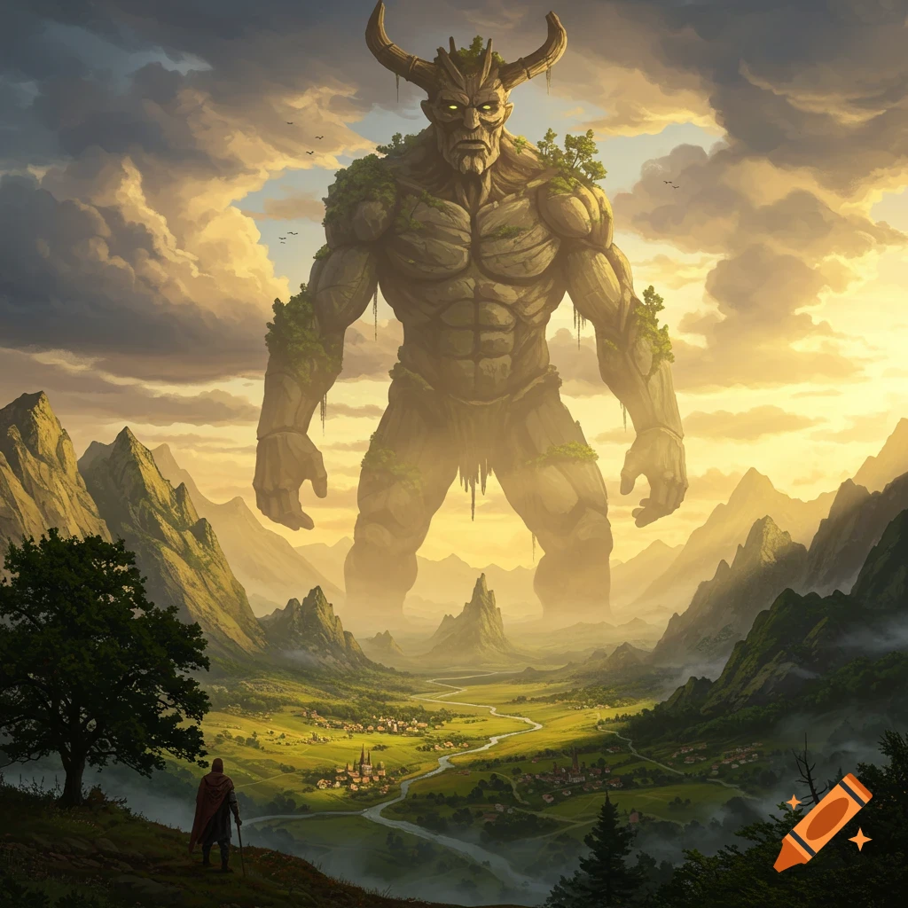 A colossal horned stone giant stands in a vast green valley under a cloudy golden sky, with a small figure observing it from a hill.