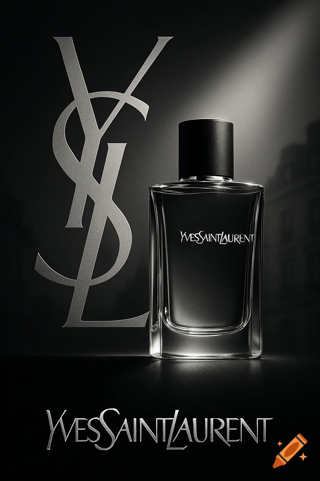 Black and white advertisement for Yves Saint Laurent perfume, featuring a rectangular bottle and the YSL logo.