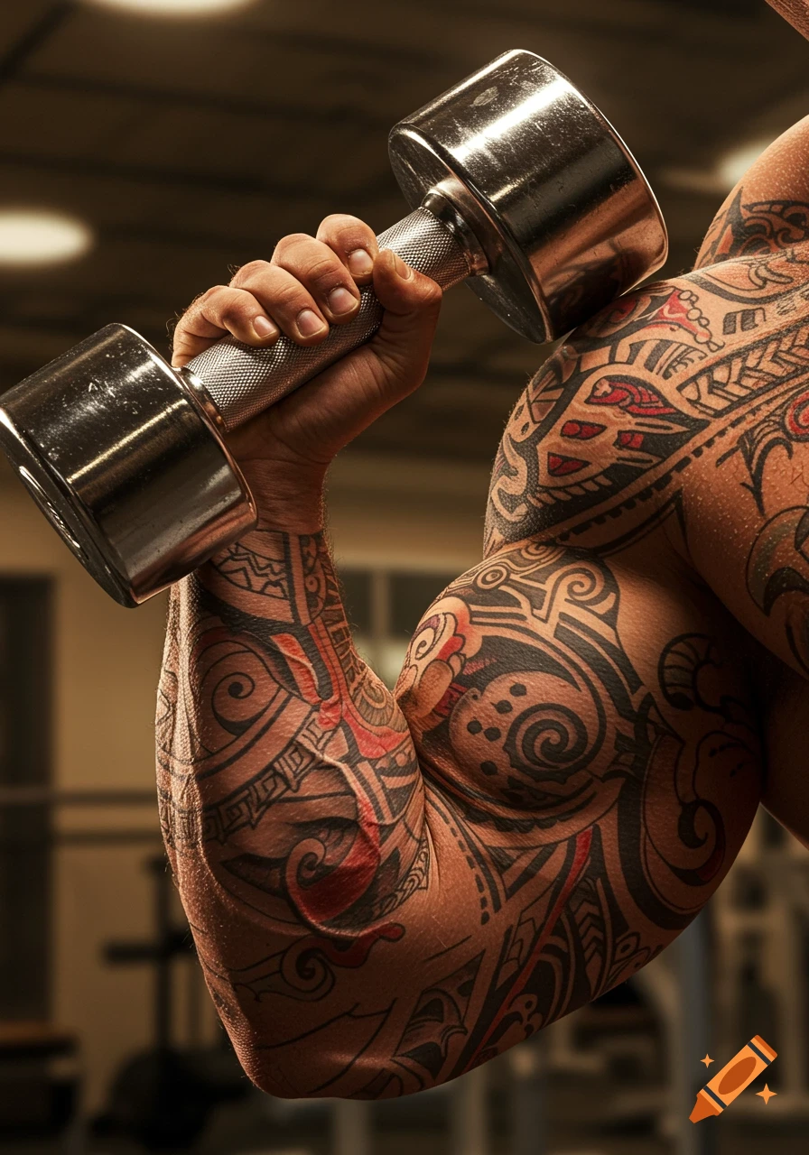 Close-up photorealistic shot of a heavily tattooed, muscular arm curling a chrome dumbbell in a gym.