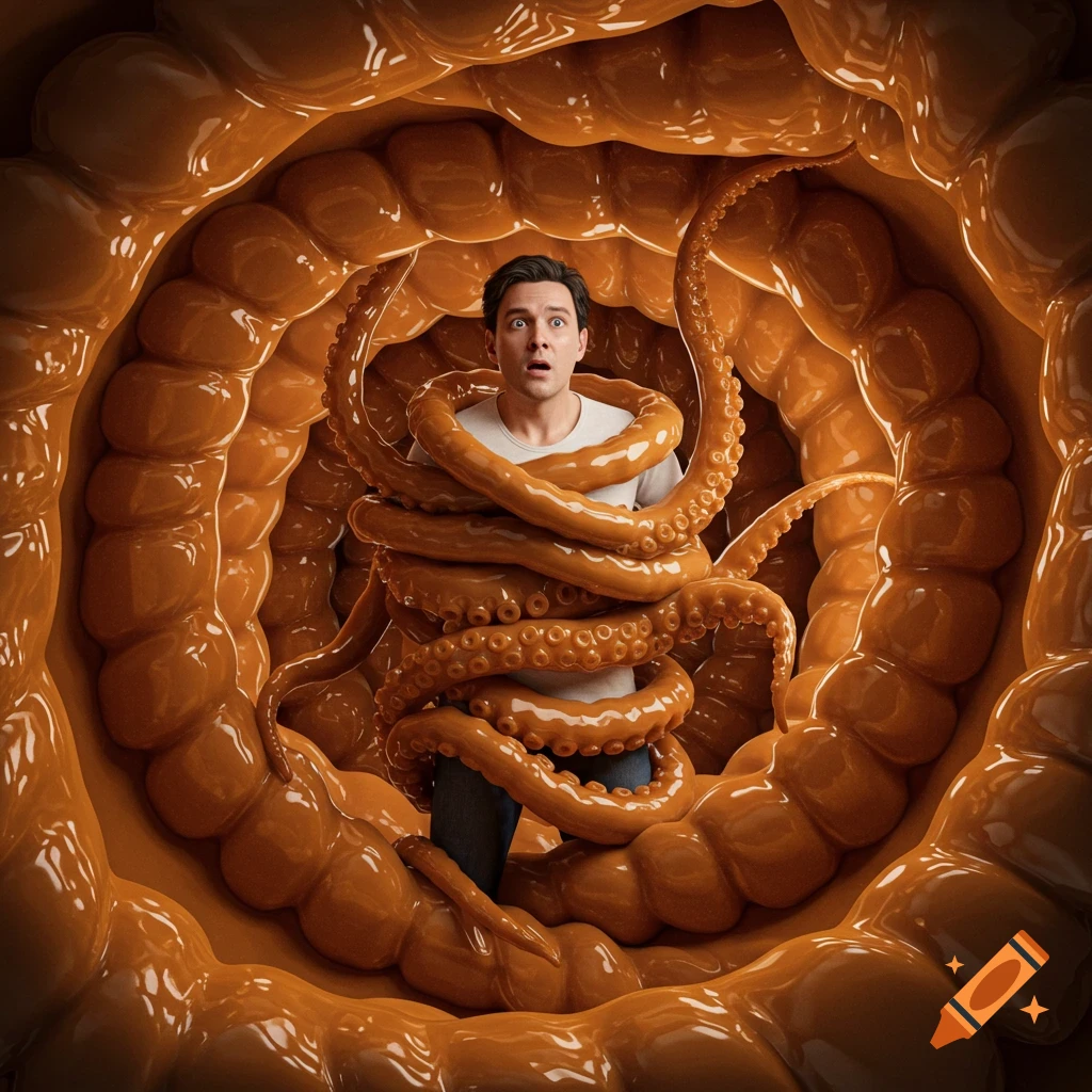 A man with a shocked expression is entangled in caramel-colored tentacles inside a glossy, organic, intestine-like tunnel.
