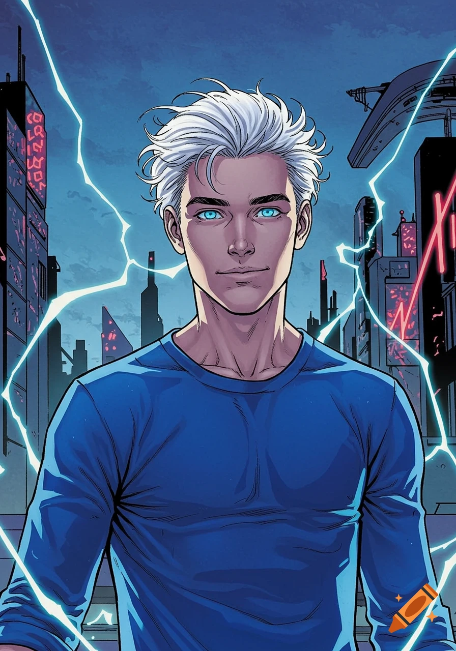 A young man with white hair and blue eyes in a blue shirt, in a Marvel comic style, with a city skyline and lightning in the background.