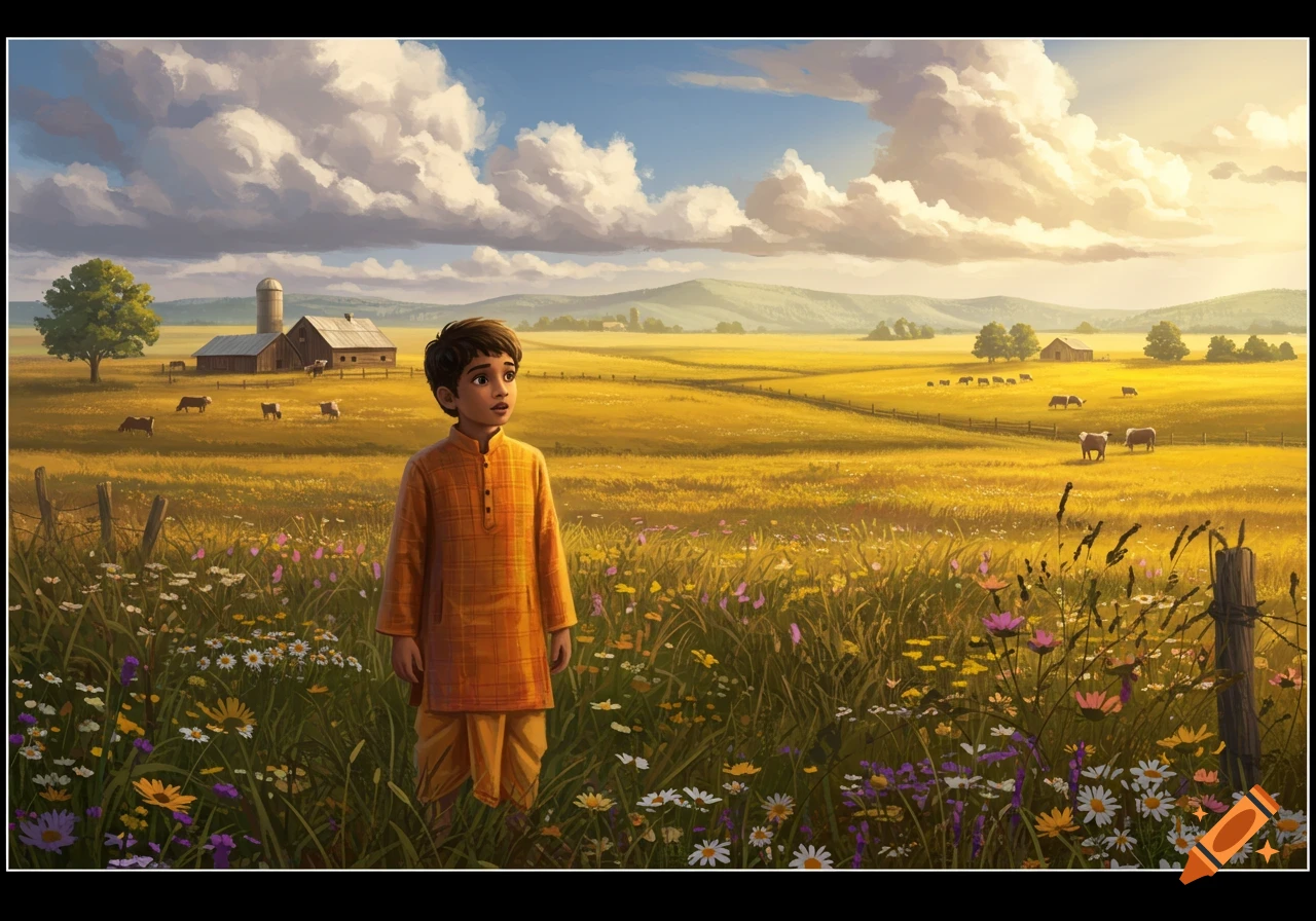 A young boy in Indian attire stands in a sunny golden field with wildflowers, a farm and cows in the distance under a blue sky with white clouds in an illustrative style.