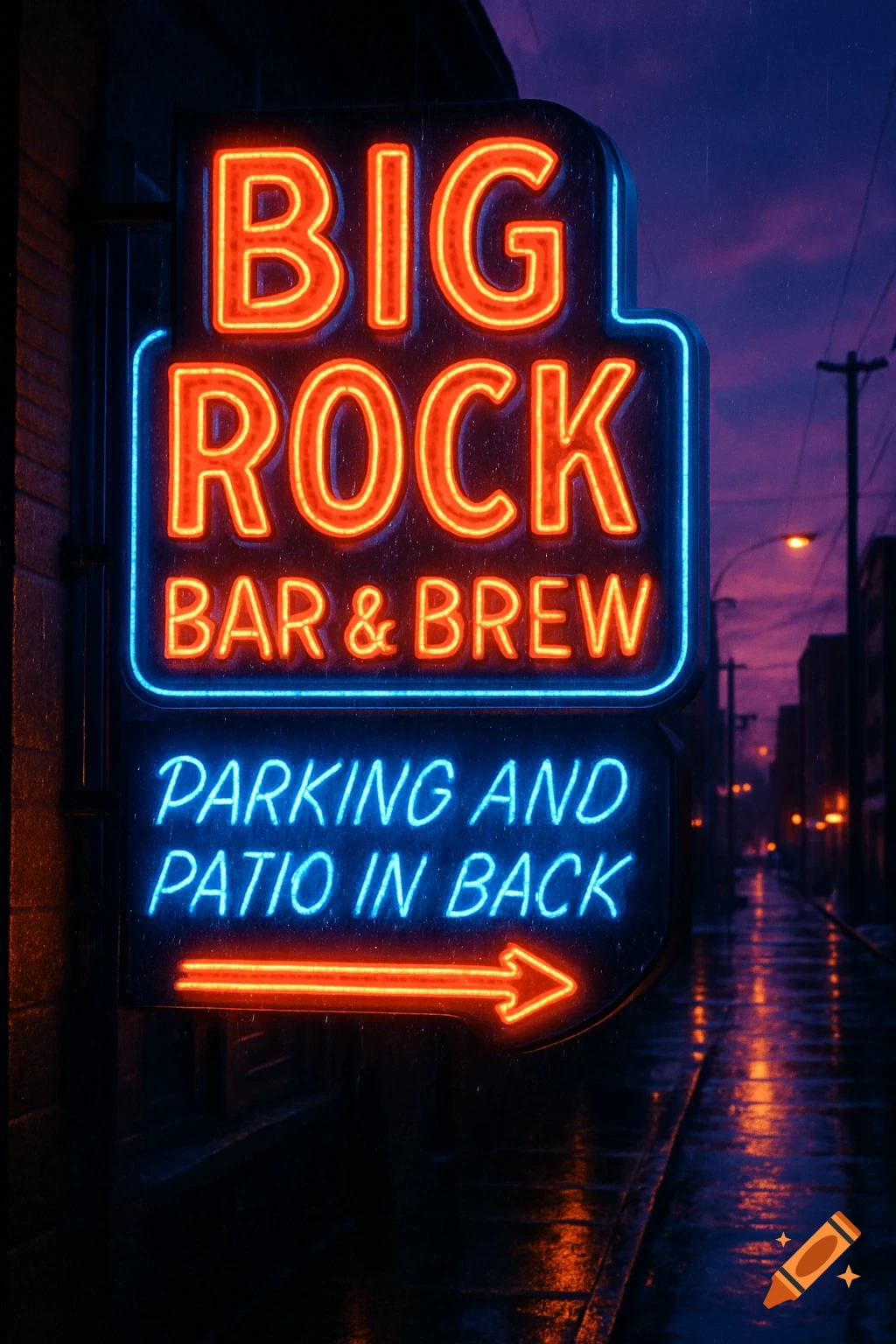 A vibrant red and blue neon sign for "BIG ROCK BAR & BREW" illuminates a wet street at dusk.