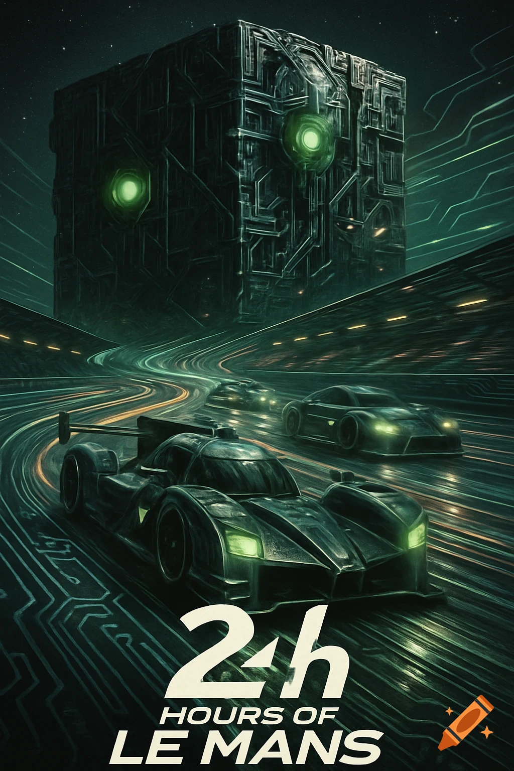 A dramatic poster showing futuristic race cars on a circuit with a large Borg cube from Star Trek looming in the dark, starry sky. Text reads '24h HOURS OF LE MANS'.
