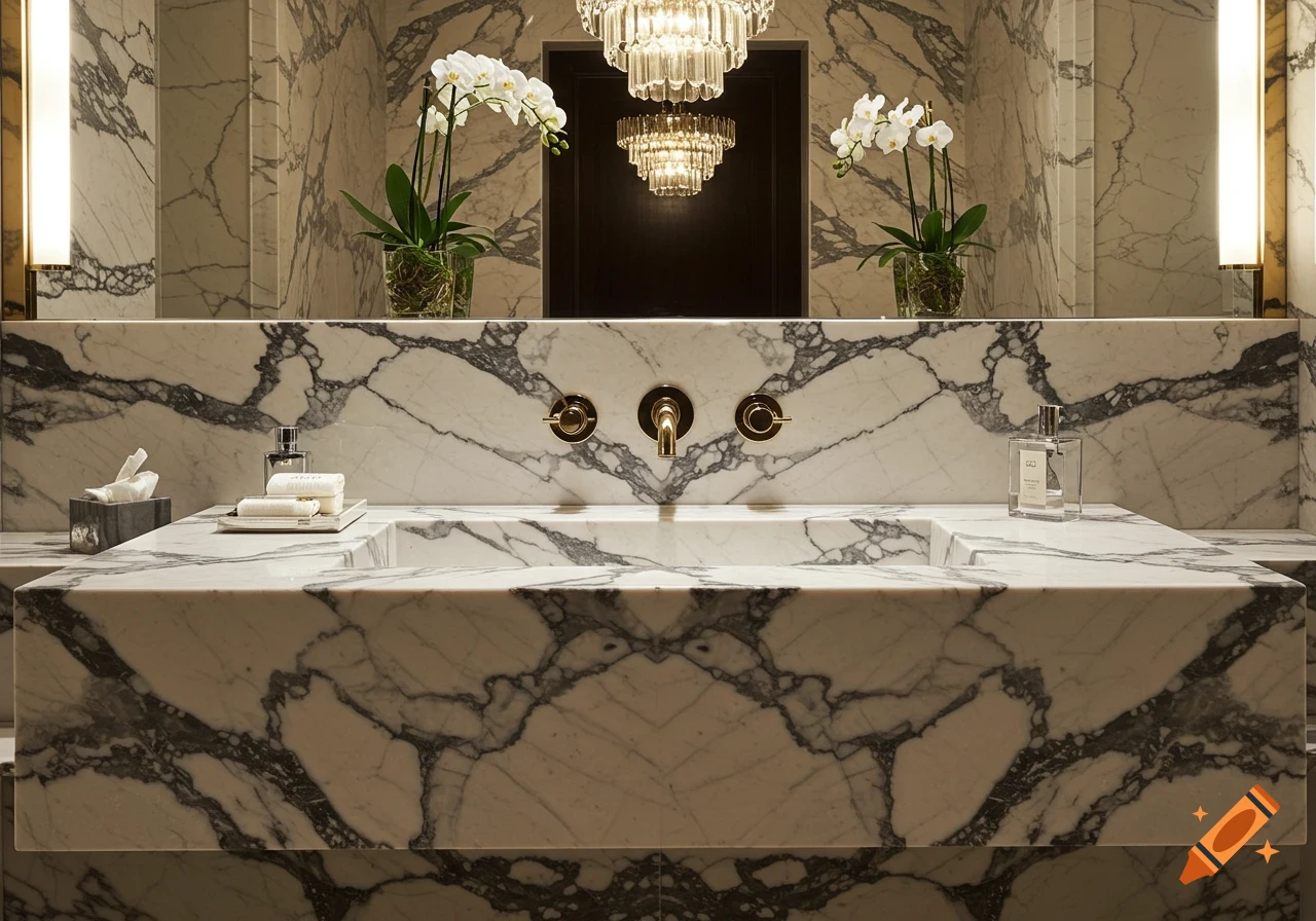A luxurious marble bathroom featuring an integrated sink, gold faucets, white orchid plants, and crystal chandeliers reflected in the mirror.