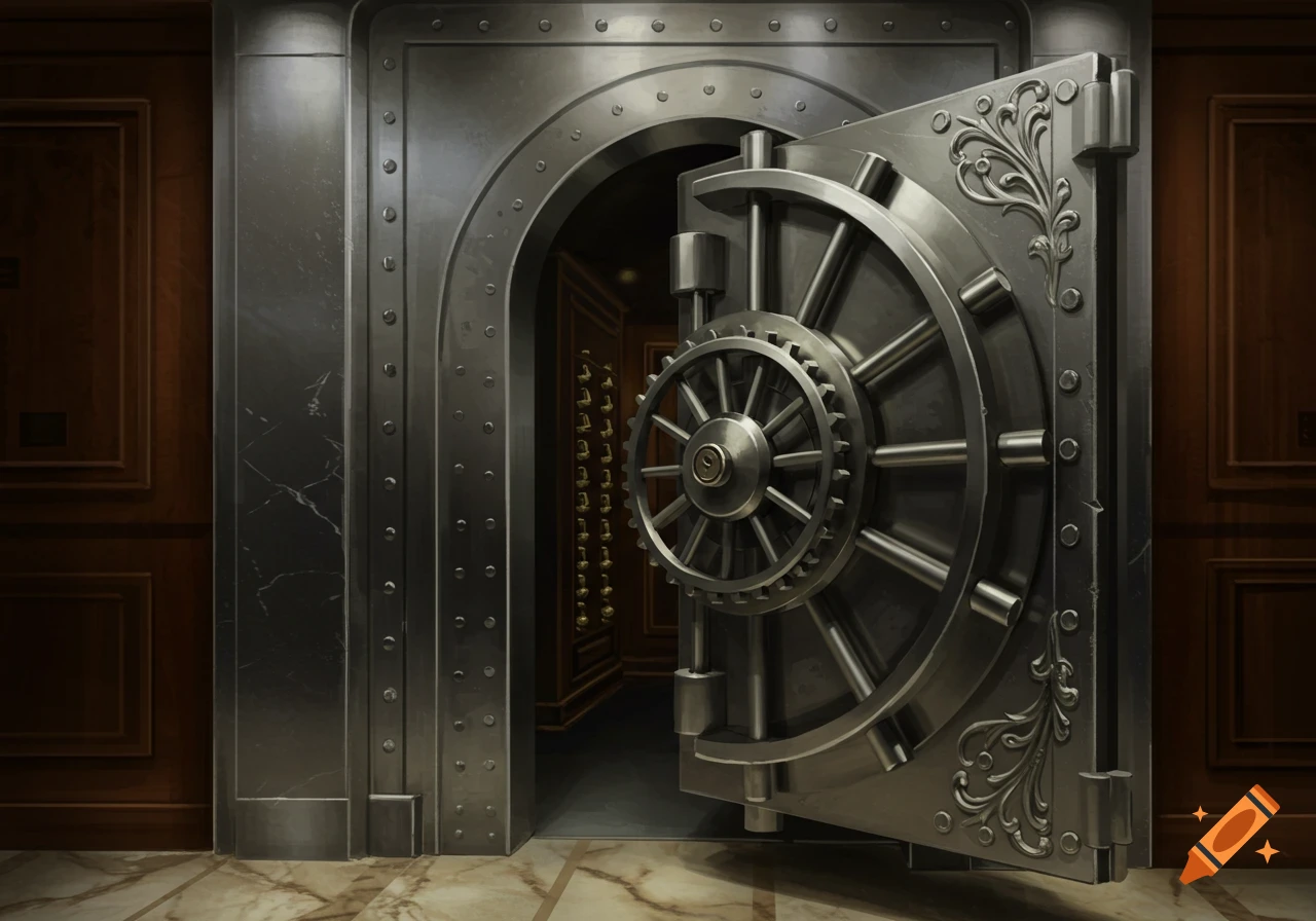 A large, metallic bank vault door with an intricate locking mechanism stands partially open, revealing a dark interior with ornate wooden walls and safety deposit boxes.