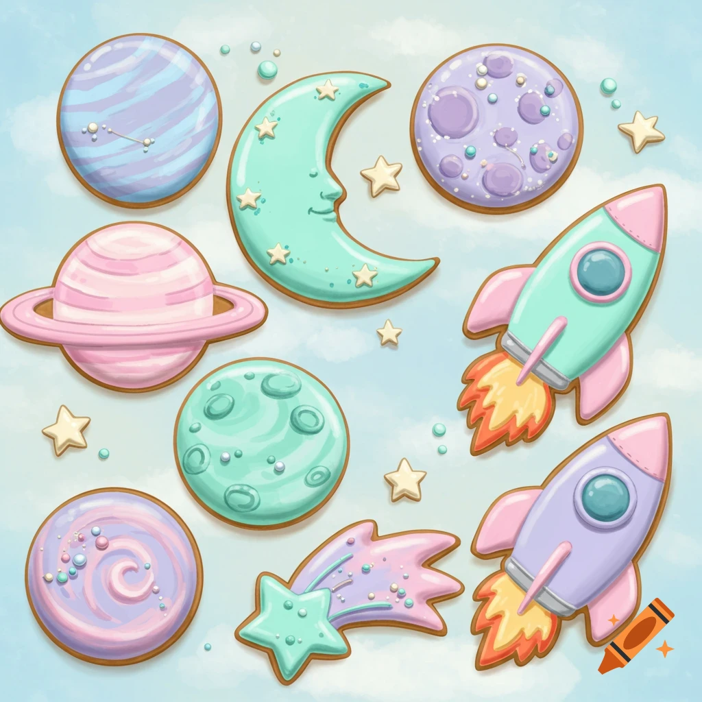 Pastel space-themed cookies including planets, a moon, rockets, and stars against a light blue background.