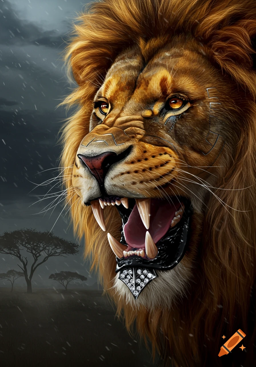 A fierce digital art lion roars, showing sharp diamond teeth and chrome grills, with a stormy savanna background.