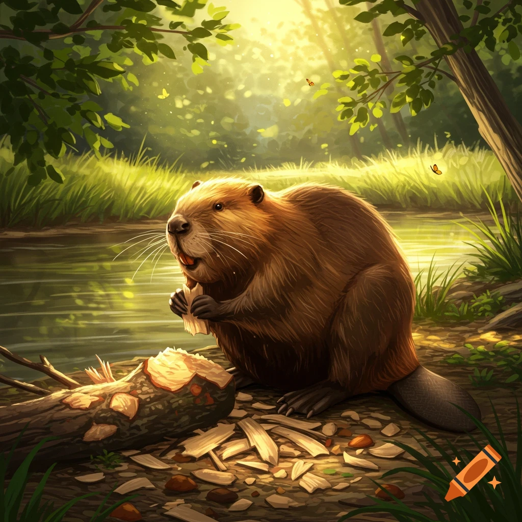 A brown beaver chews on a log by a riverbank in a sunlit forest, in an illustrated style.